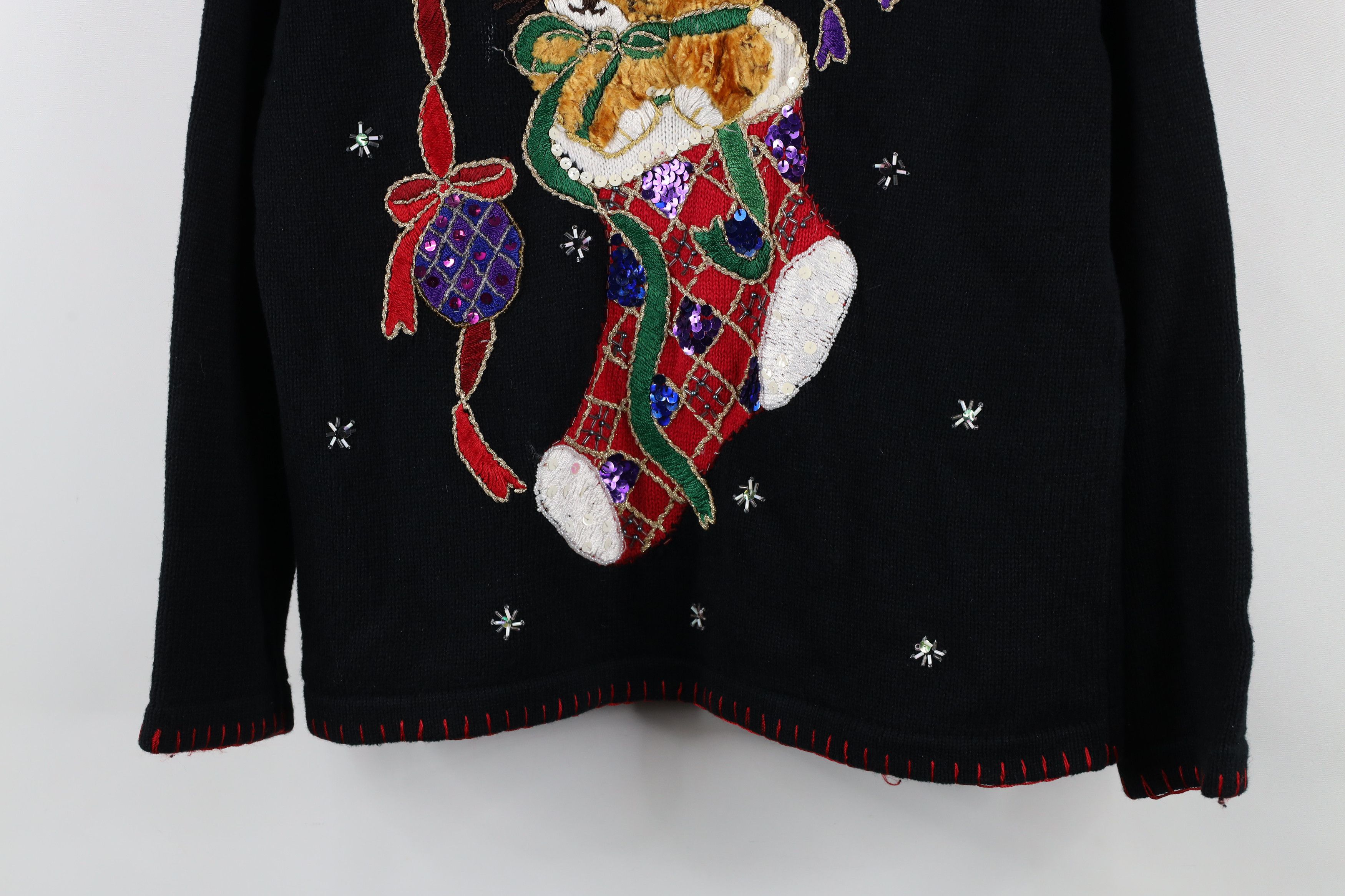 Vintage Vintage 90s Cat Kitten Stocking Beaded Knit Sweater Black Size S / US 4 / IT 40 - 3 Thumbnail