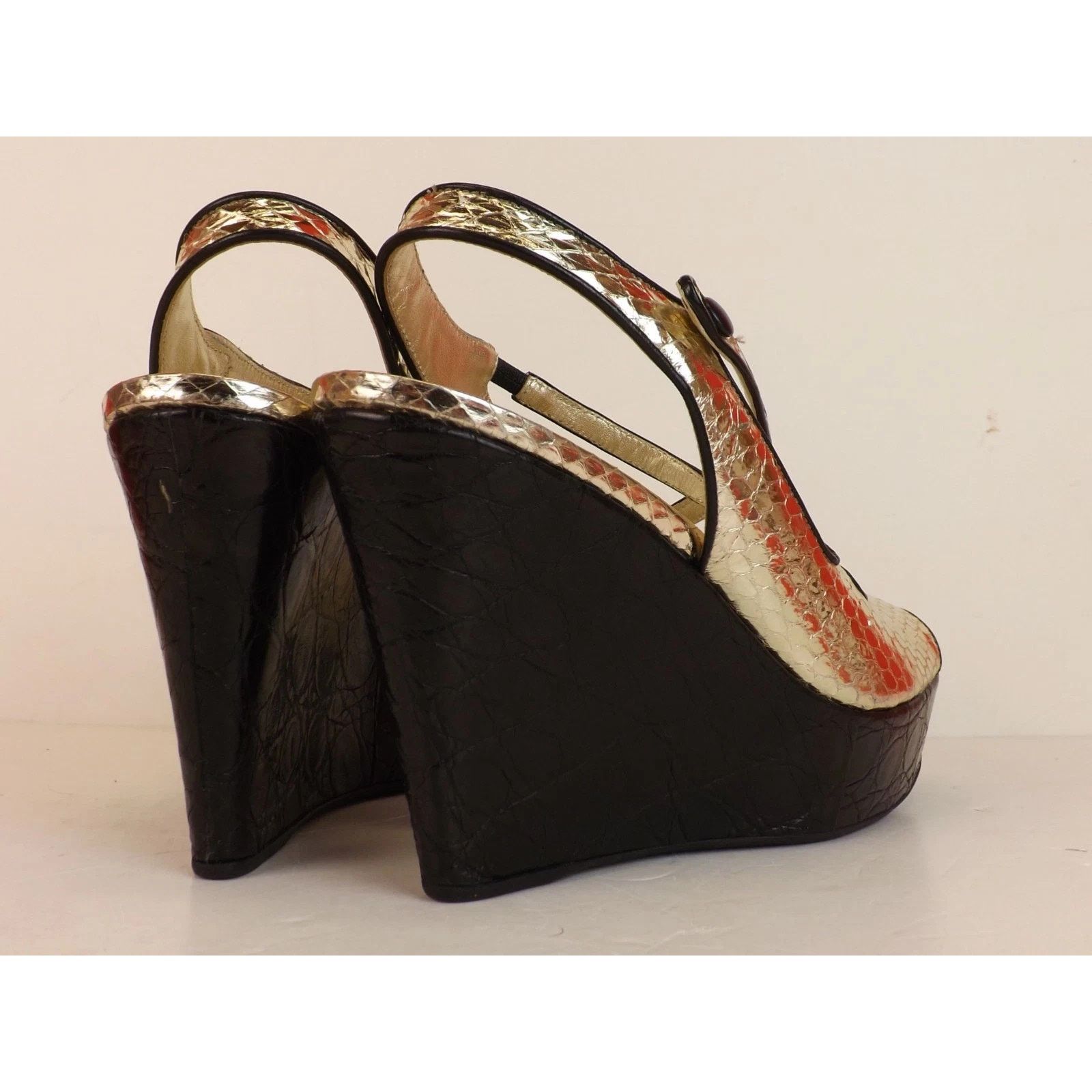 Prada PRADA 1K73 LITE GOLD SNAKE PRINT LEATHER PLATFORM SANDALS 40 Size US 10 / IT 40 - 4 Thumbnail