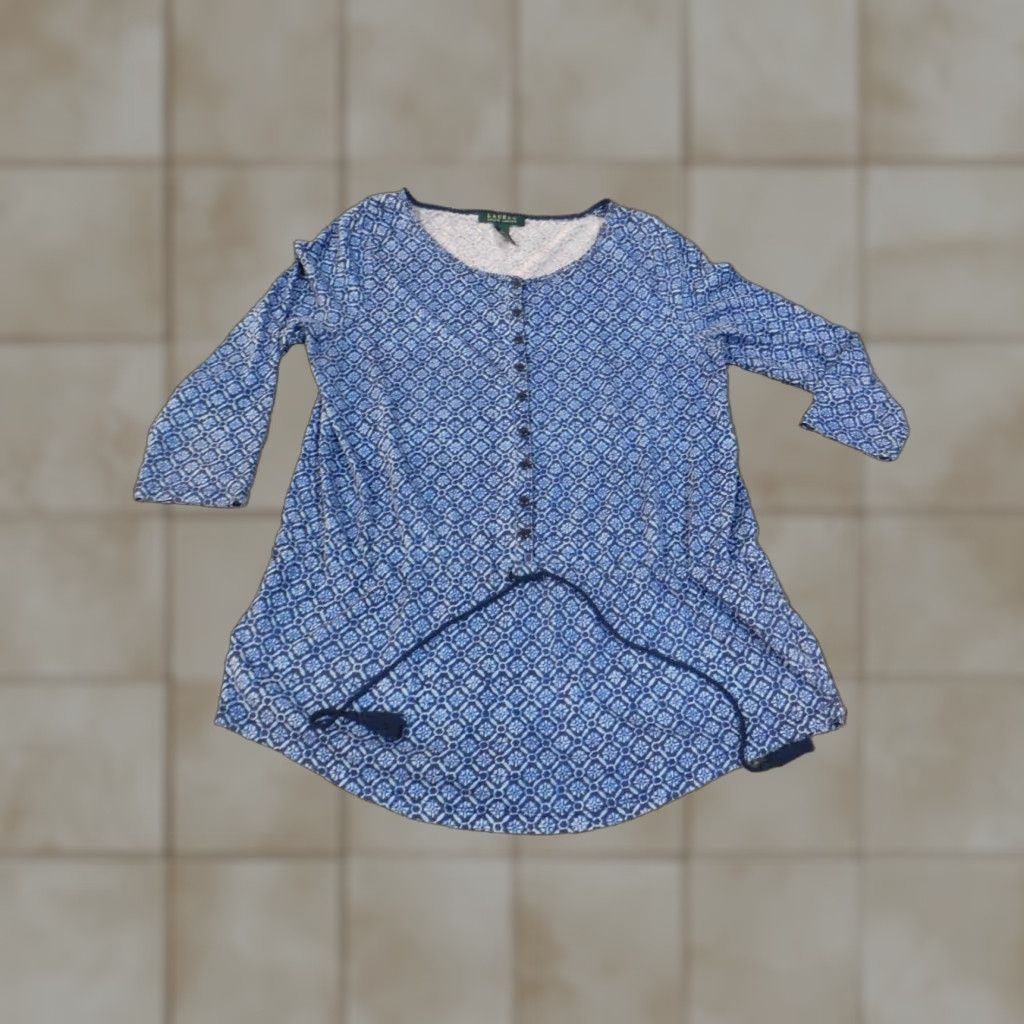 Ralph Lauren Lauren Ralph Lauren Blouse Womens L Blue Geometric Pullover Round Neck Cotton Knit Geometric Pattern Casual Streetwear Basic Size L / US 10 / IT 46 - 1 Thumbnail