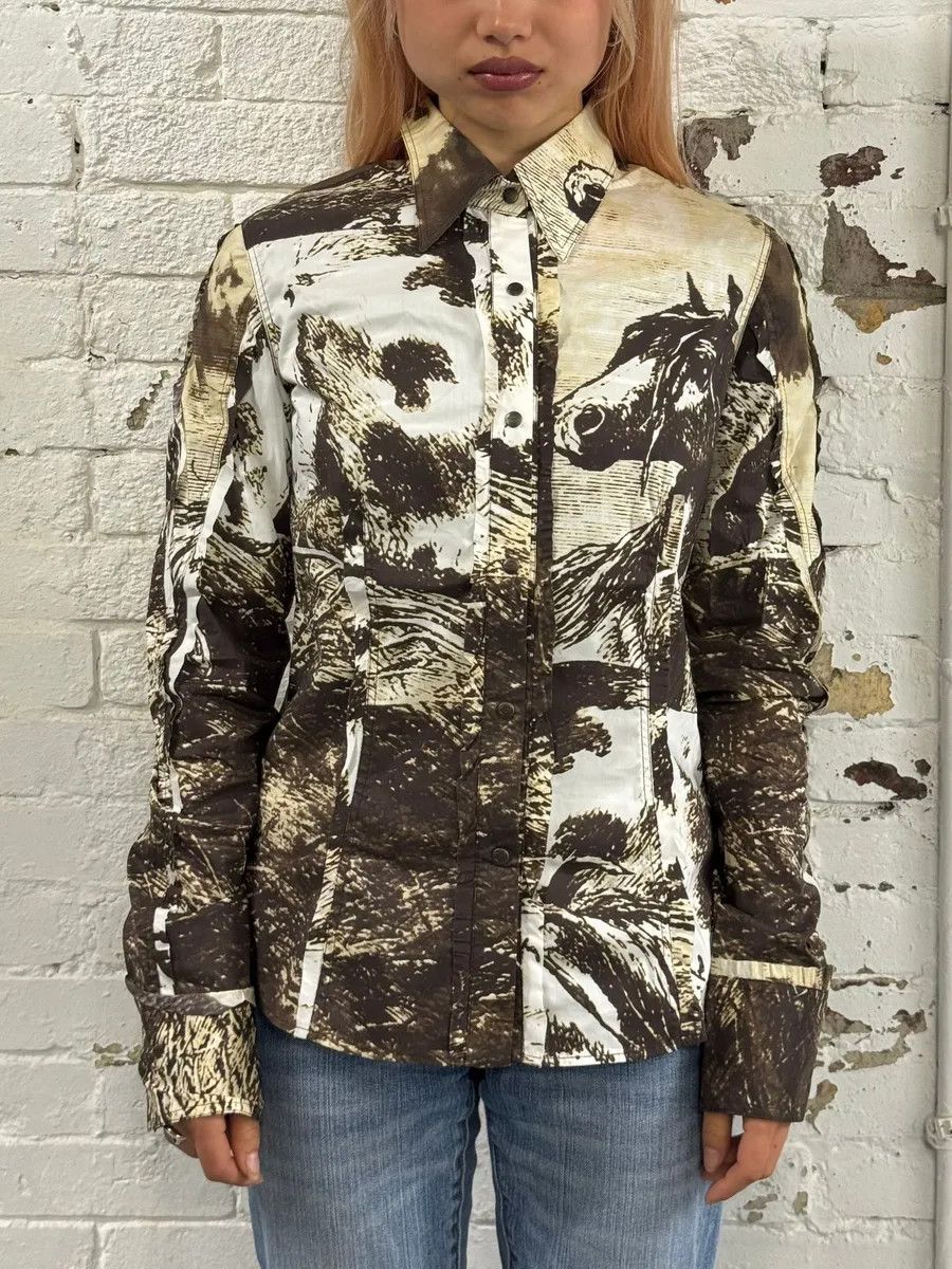 Just Cavalli 2000s Cavalli Brown & Beige Horse Ranch Shirt Size S / US 4 / IT 40 - 1 Thumbnail