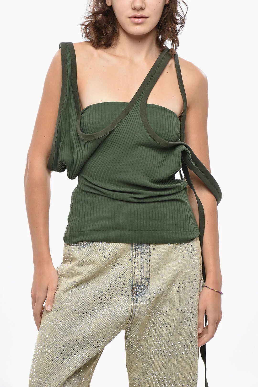 The Attico og1mm0426 Asymmetric Ribbed Cotton-Blend Tank Top in Green Size M / US 6-8 / IT 42-44 - 1 Thumbnail