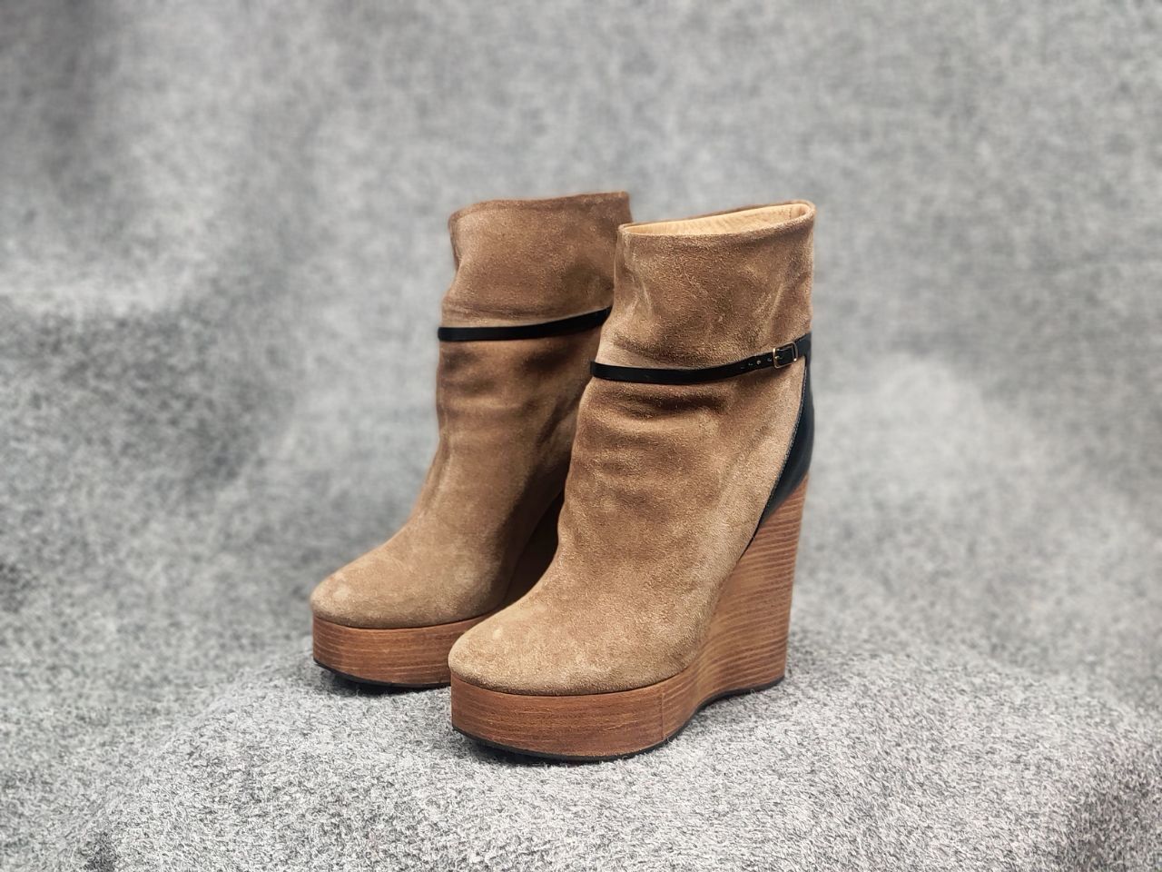 Chloé Marron Suede Beige Wedge Wooden Platform Heel Boots
