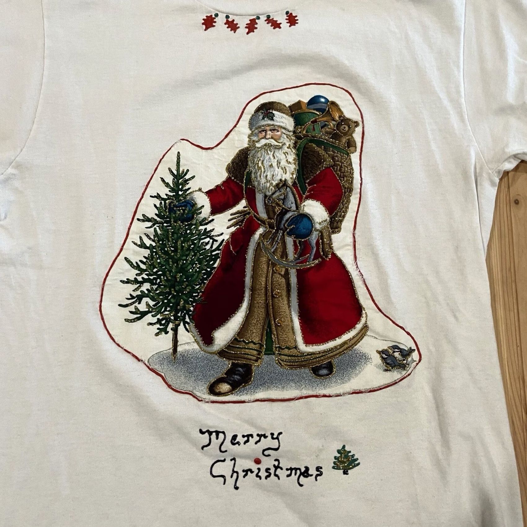 Fruit Of The Loom VINTAGE Fruit of the Loom T-Shirt Santa Claus Glitter Christmas Crew Neck Short Sleeve White M Men Size US M / EU 48-50 / 2 - 6 Thumbnail