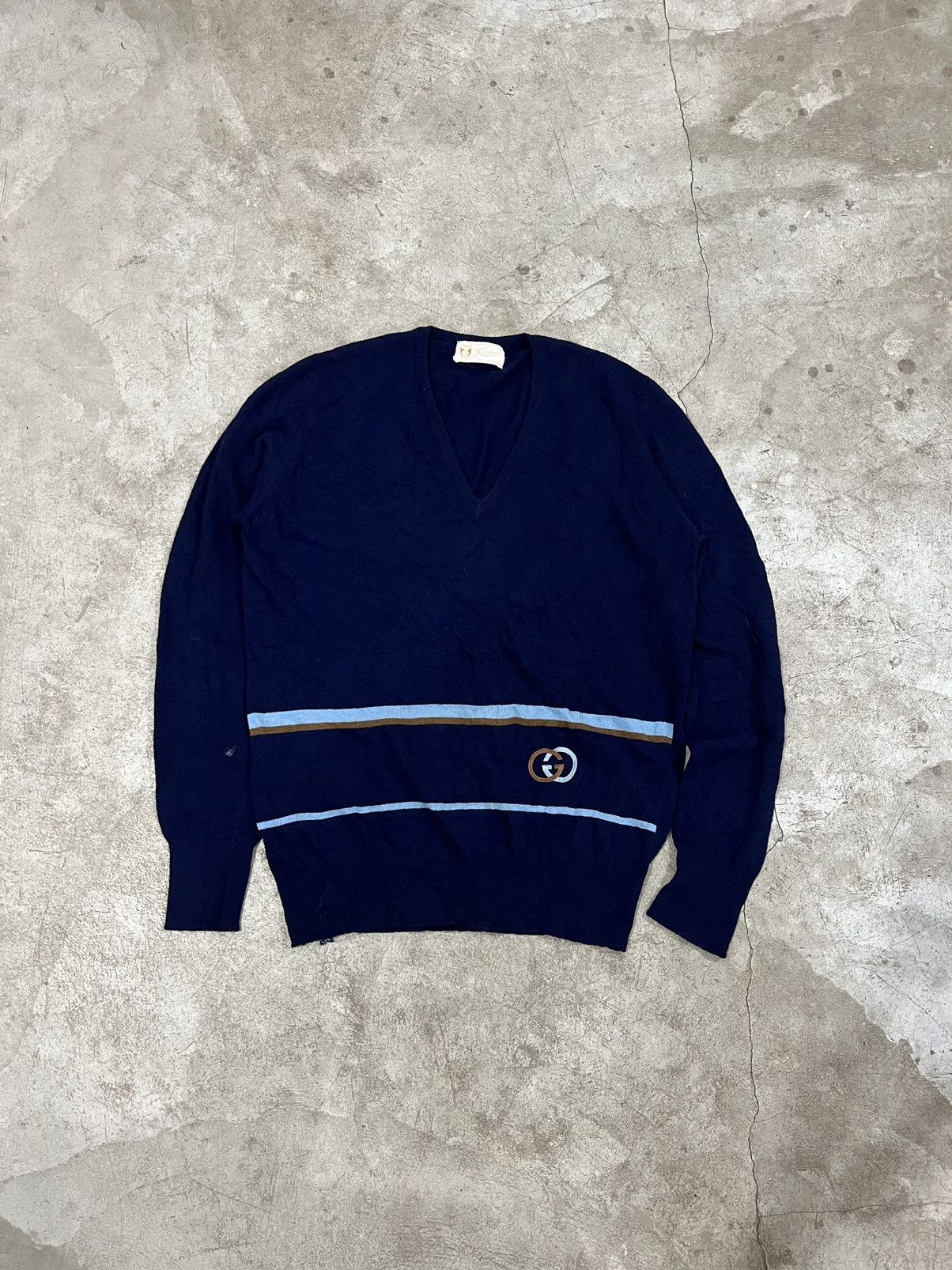 Designer × Gucci × Vintage 70’s Gucci GG Logo Knitted V-Neck Sweater Size US M / EU 48-50 / 2 - 1 Thumbnail