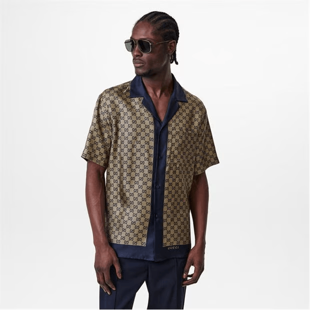 Gucci Men'S Gg Monogram Logo Silk Bowling Shirt Size US M / EU 48-50 / 2 - 6 Thumbnail