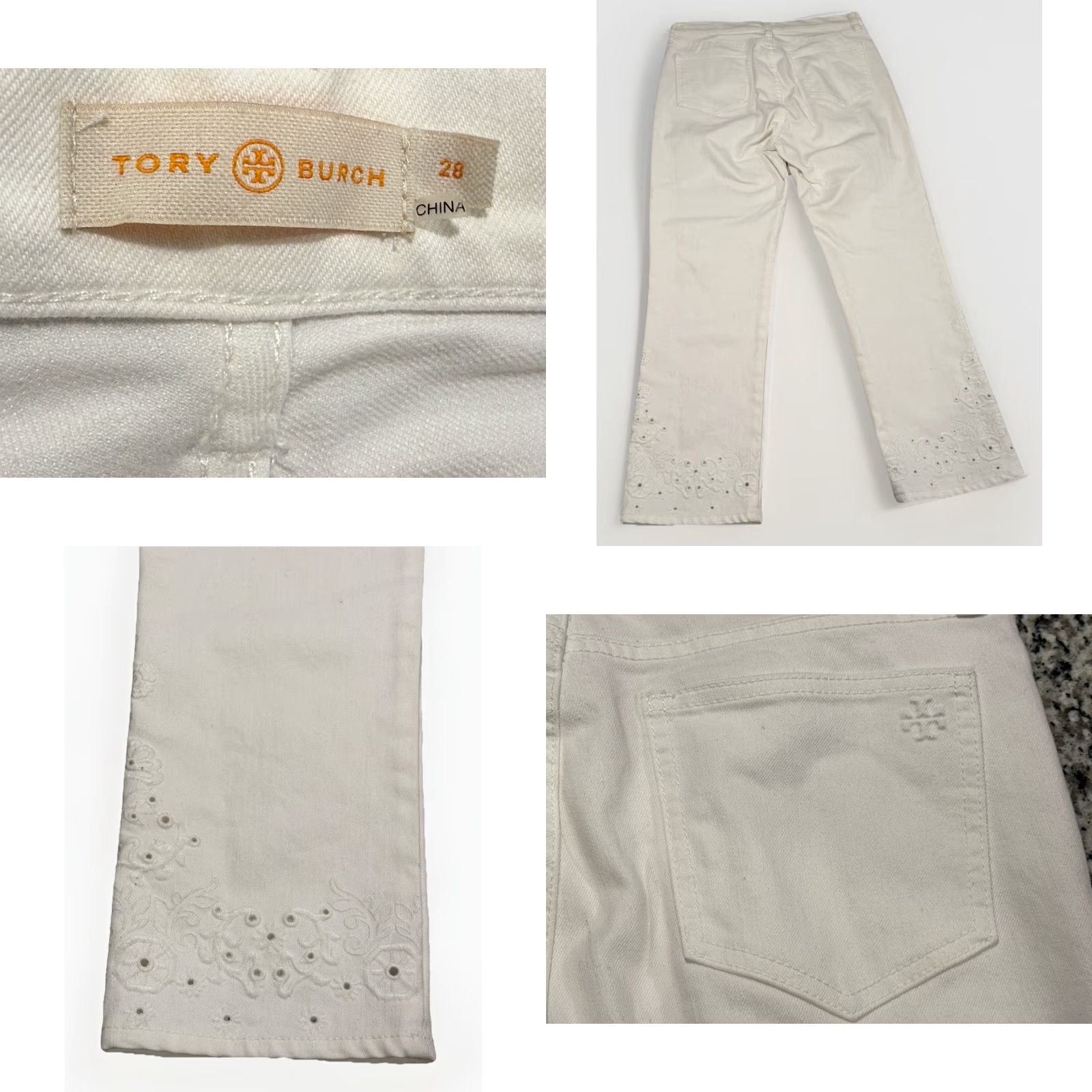 Tory Burch TORY BURCH Kiera White Cropped Jeans Women’s Size 28 30W 25L Eyelet Hem Regular Fit Size 28" / US 6 / IT 42 - 8 Thumbnail