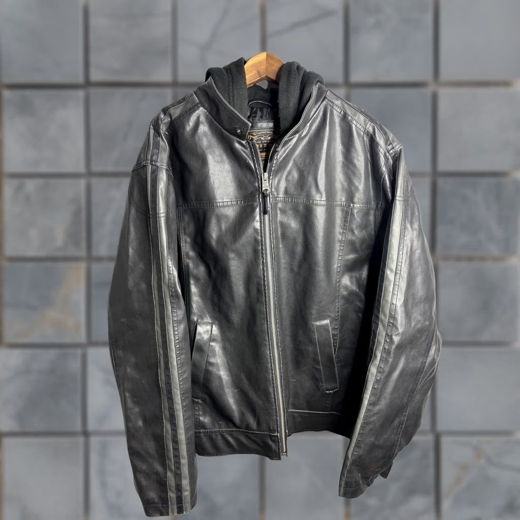 Vintage Arizona Jean Company Jacket Mens XL Black Faux Leather Hooded Moto Stripes Size US 36 / EU 52 - 1 Thumbnail