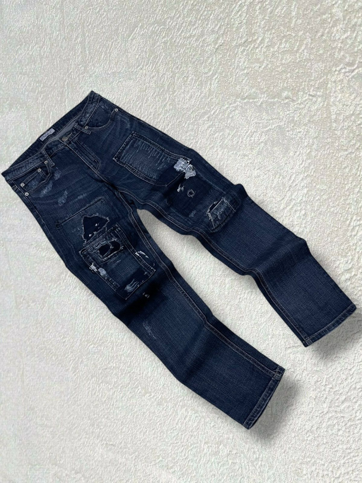 Japanese Brand Vintage 1990s Japan Bit Blue Distressed Patchwork Denim Size US 29 - 2 Thumbnail
