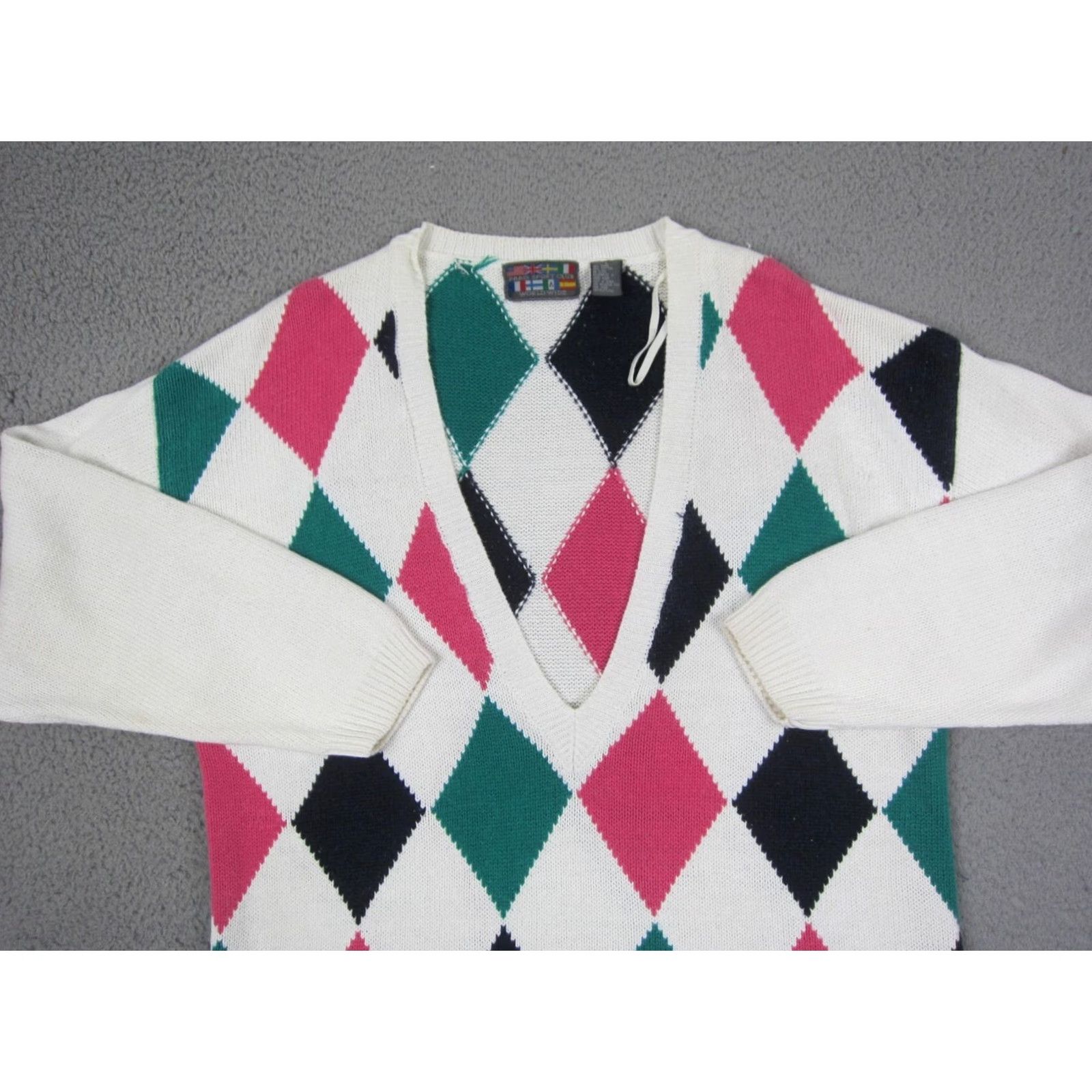 Vintage VINTAGE Paris Sport Club Sweater Womens L White Pink Argyle V-Neck 80s 90s Size L / US 10 / IT 46 - 2 Thumbnail