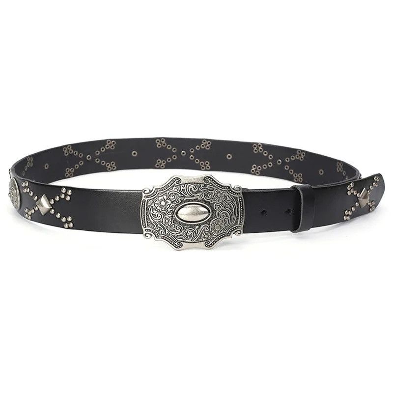 Leather × Vintage Punk Men's Belt Cinturon Mujer Western Cowboy Strap Ceinture Size ONE SIZE - 3 Thumbnail
