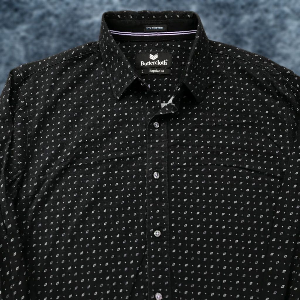 Vintage Buttercloth Mens Shirt Large Black Geometric Classic Designer Button-Up Casual Cotton Icy/Contrast? Size US L / EU 52-54 / 3 - 1 Thumbnail