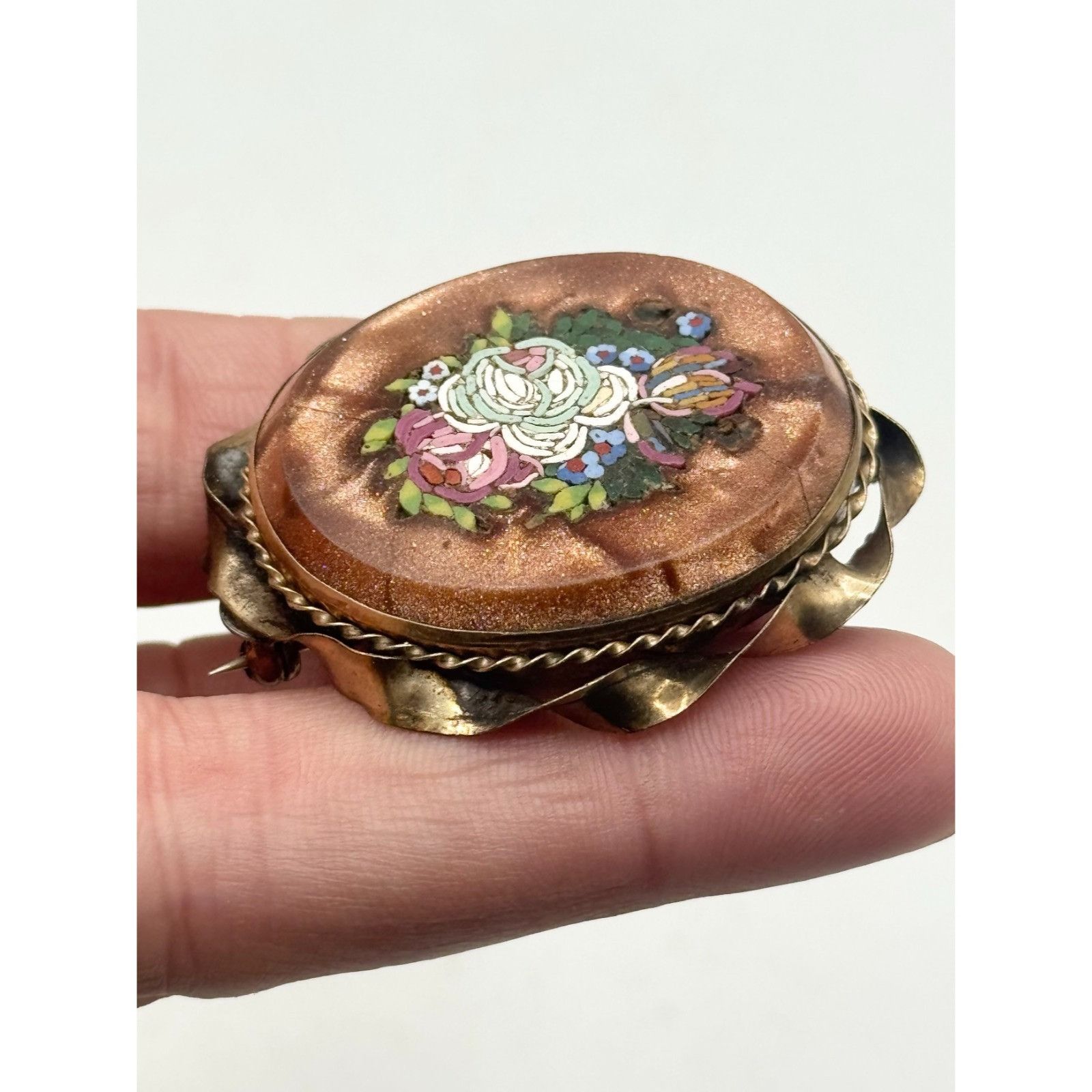 Vintage Antique Victorian Goldstone Micro Mosaic Bezel Brooch Pin Size ONE SIZE - 6 Thumbnail