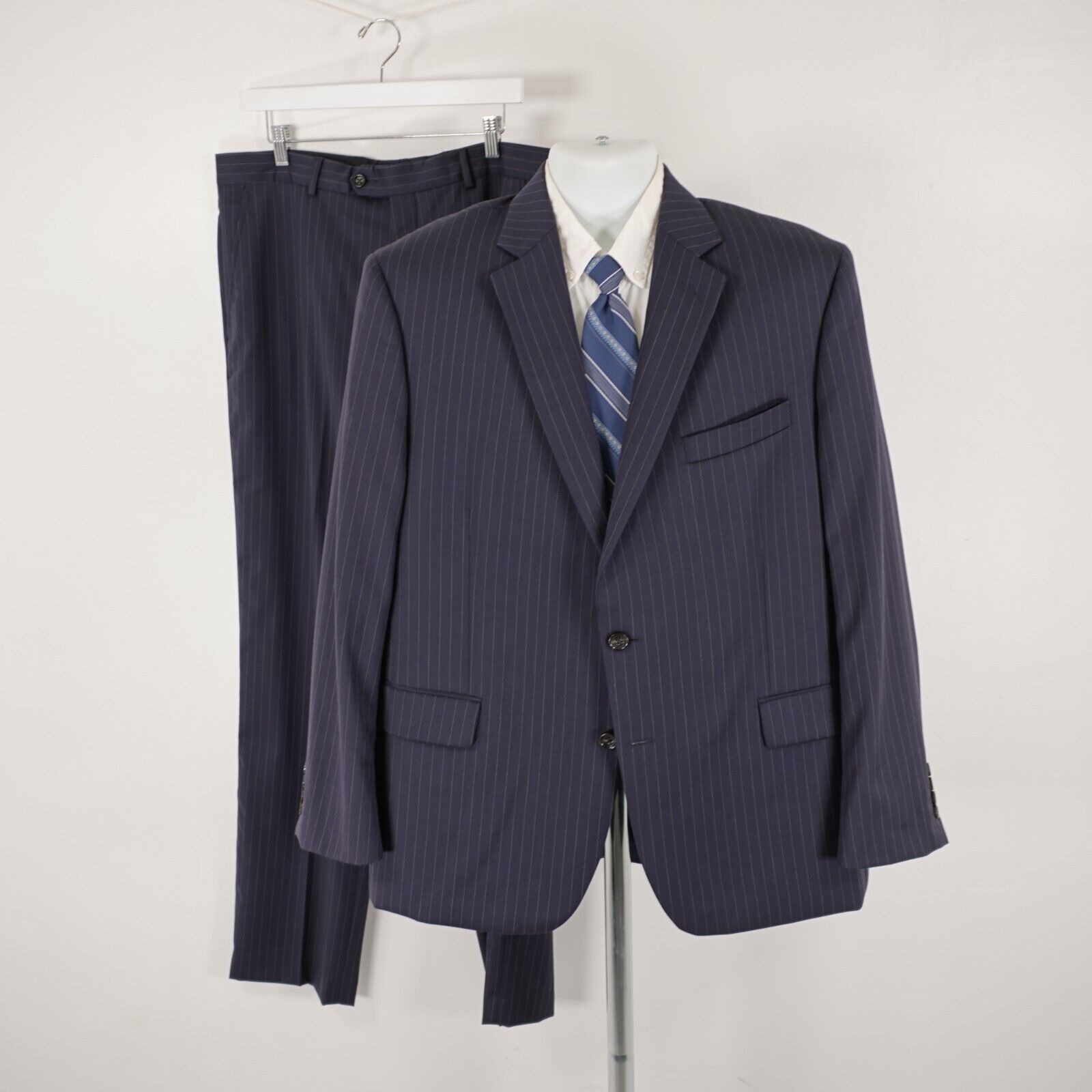 Stafford Stafford Super 100s Wool Blue Striped 2 Piece Suit 44R 37/33 Size 44R - 1 Thumbnail