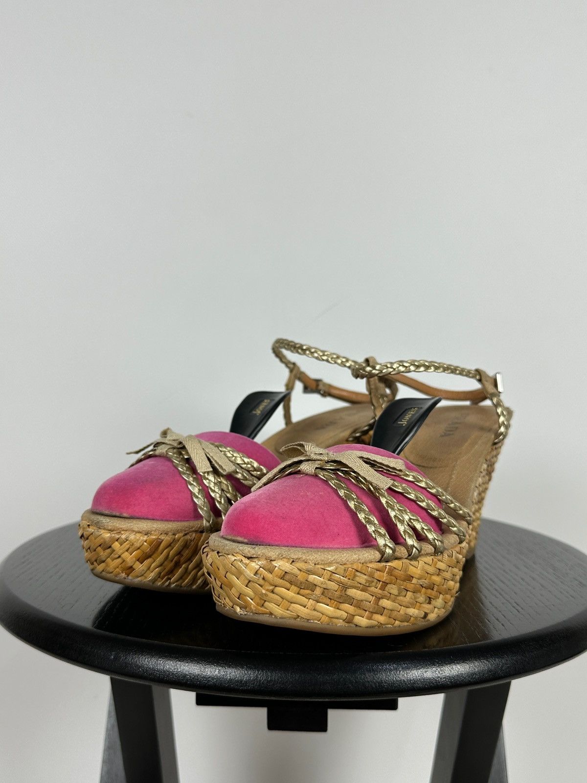 Prada Prada Braided Leather Woven Raffia Wedge Ankle Strap Sandals Size US 9.5 / IT 39.5 - 9 Thumbnail