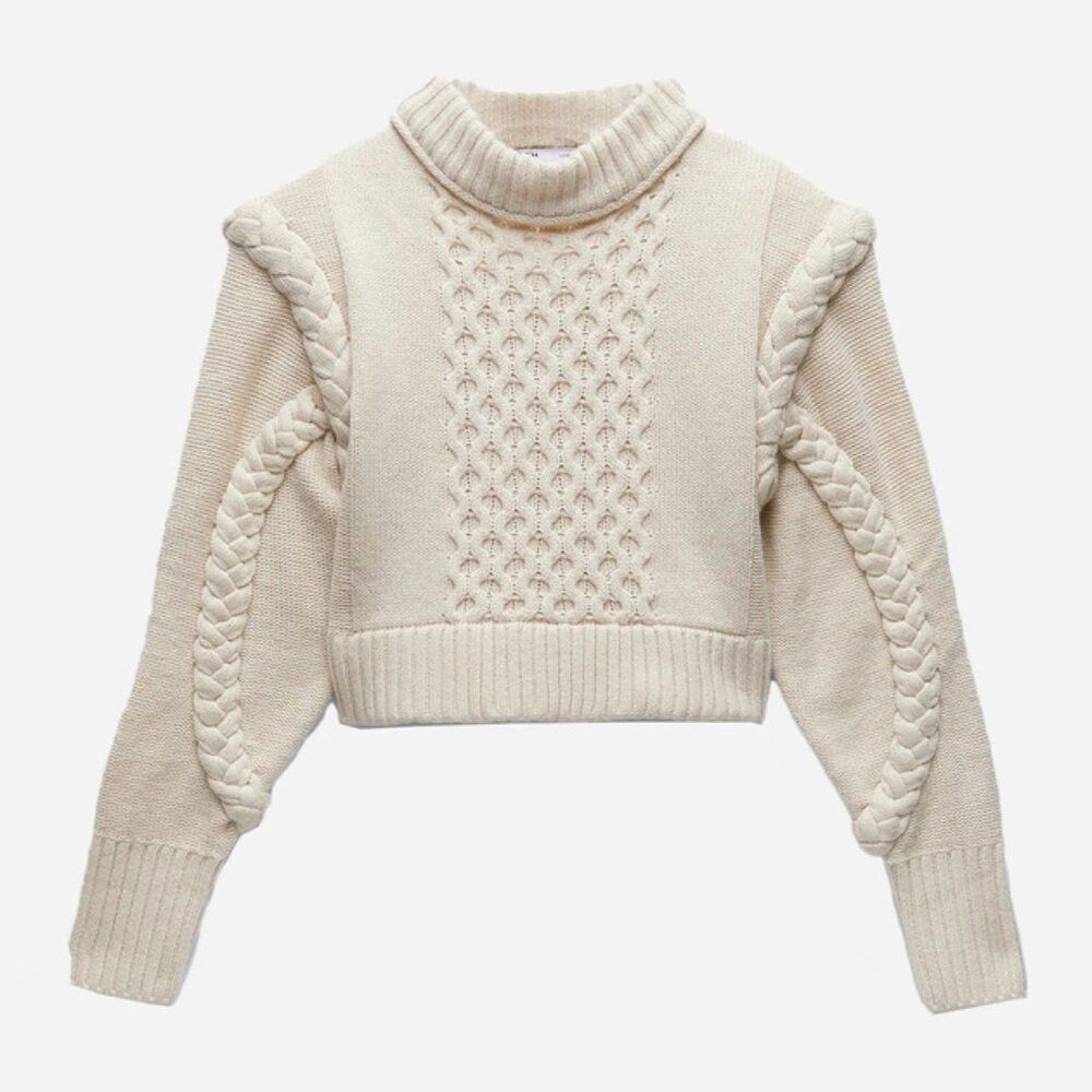 Zara New Zara Crop Wool Blend Cable Knit Ecru 4219/100 Sweater S Size S / US 4 / IT 40 - 3 Thumbnail