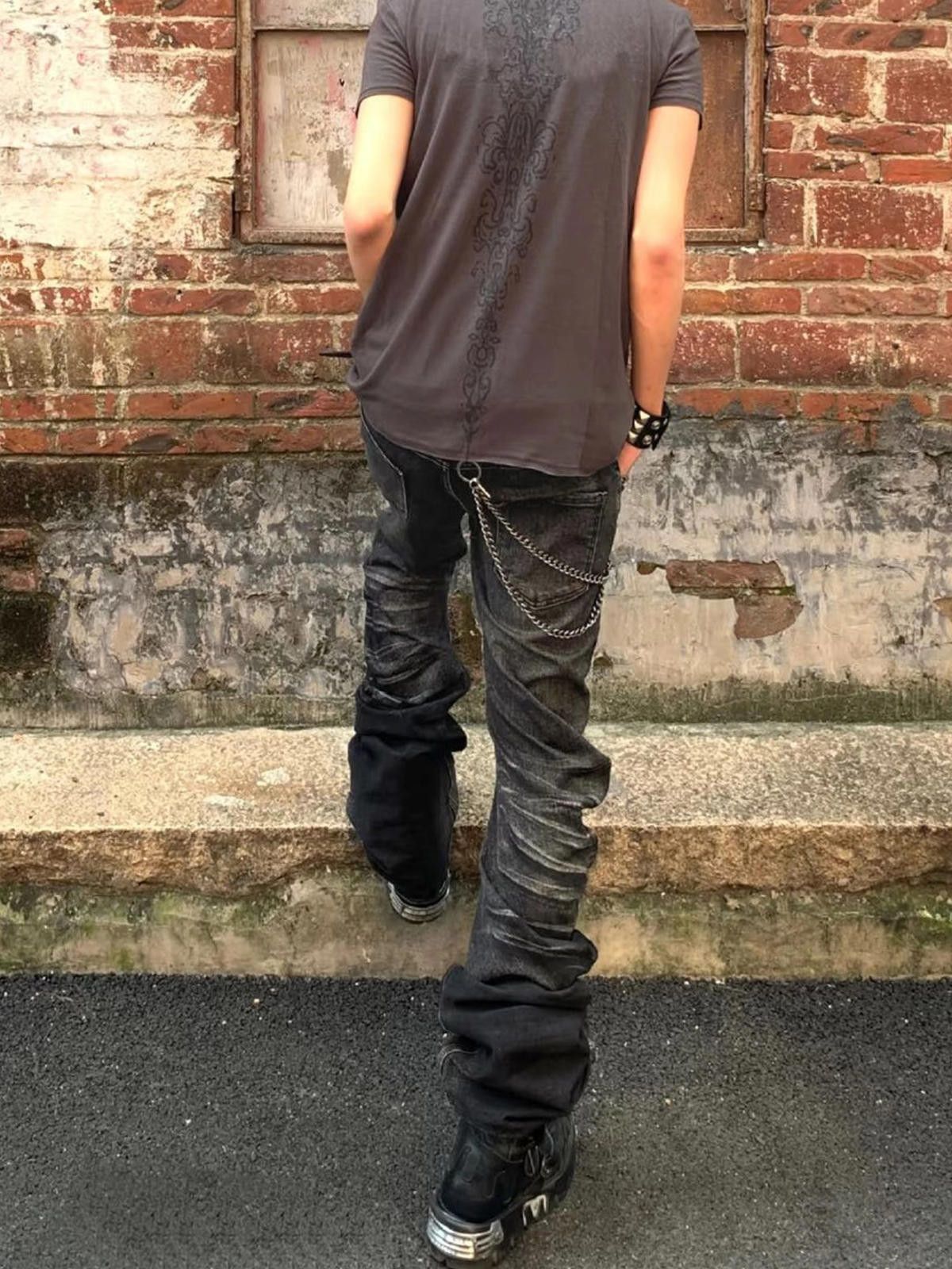 Jean Button Fly Stud Pleated Stacked Denim Jeans, Biker Jeans Size US 30 / EU 46 - 7 Thumbnail