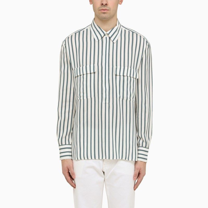 image of Pt Torino Ottanium Striped Shirt In Silk Blend in Blue, Men's (Size XL)