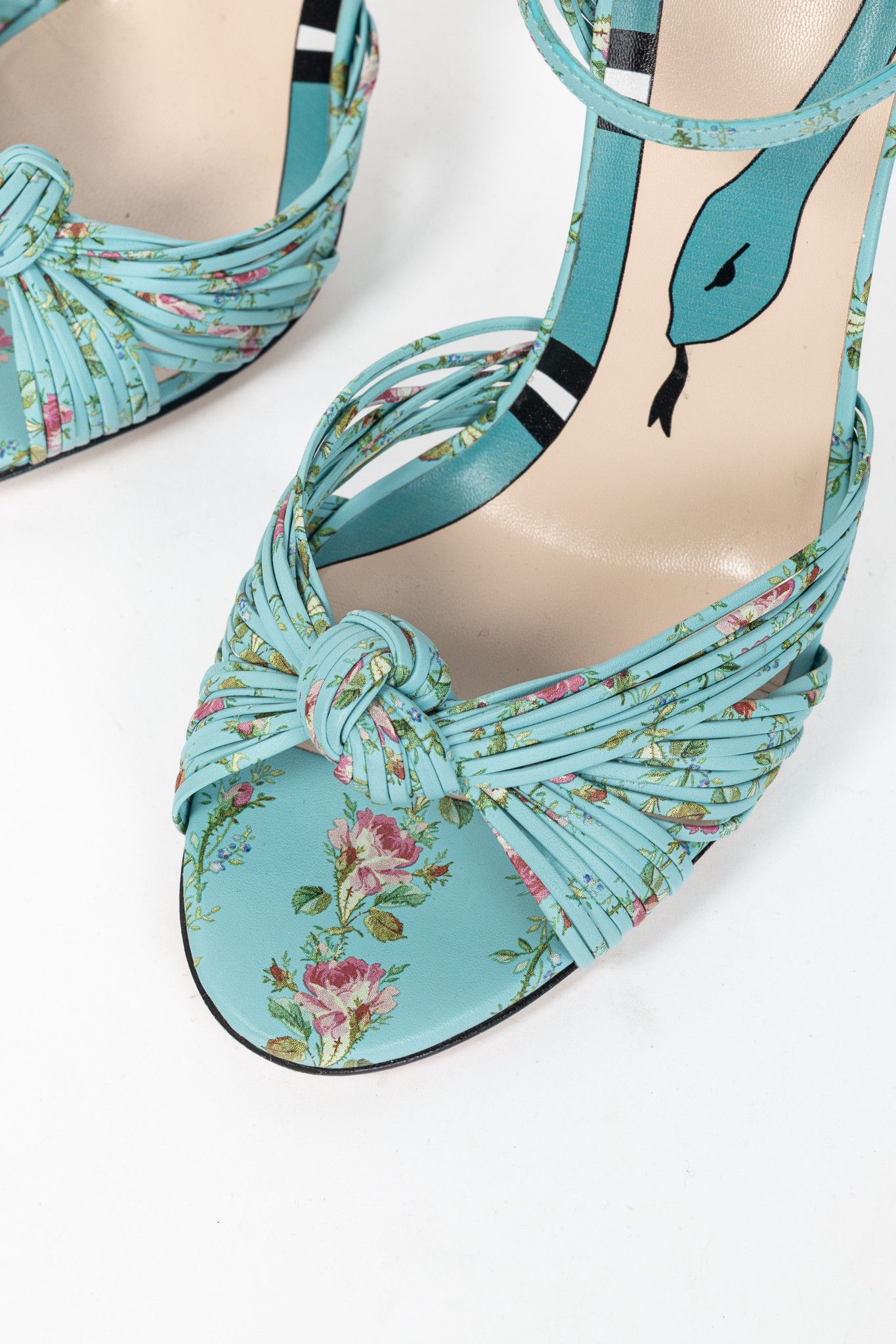 Gucci Gucci Allie Floral-Print Leather Knotted High-Heel Sandals Size US 9.5 / IT 39.5 - 8 Thumbnail
