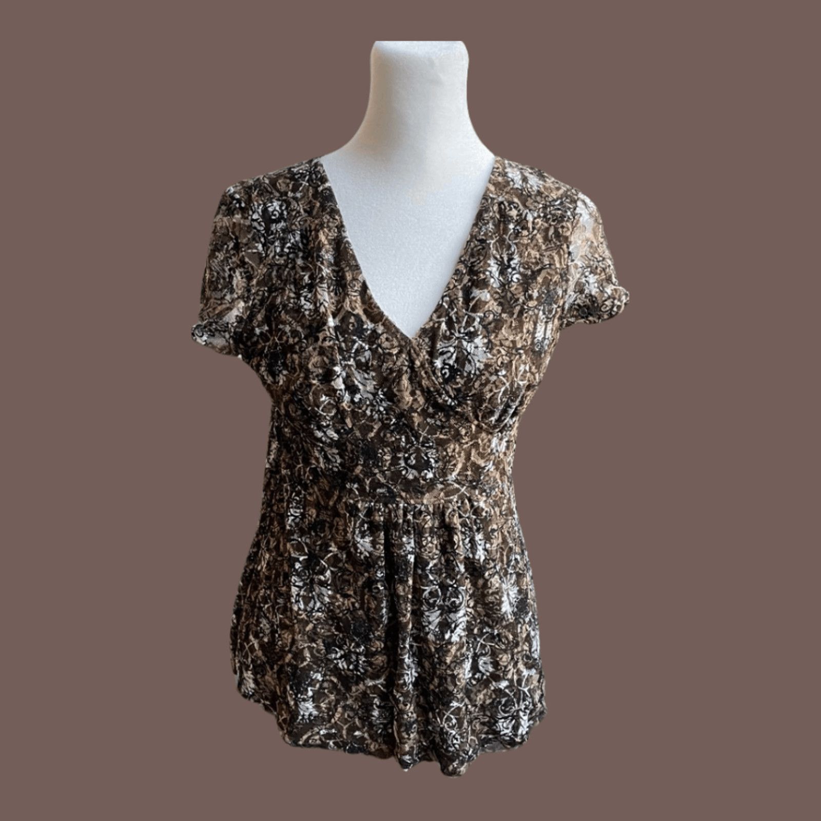Vintage VTG Mesh Peplum Top |Style & Co Abstract Earthtone Y2K Femme Size S / US 4 / IT 40 - 1 Thumbnail