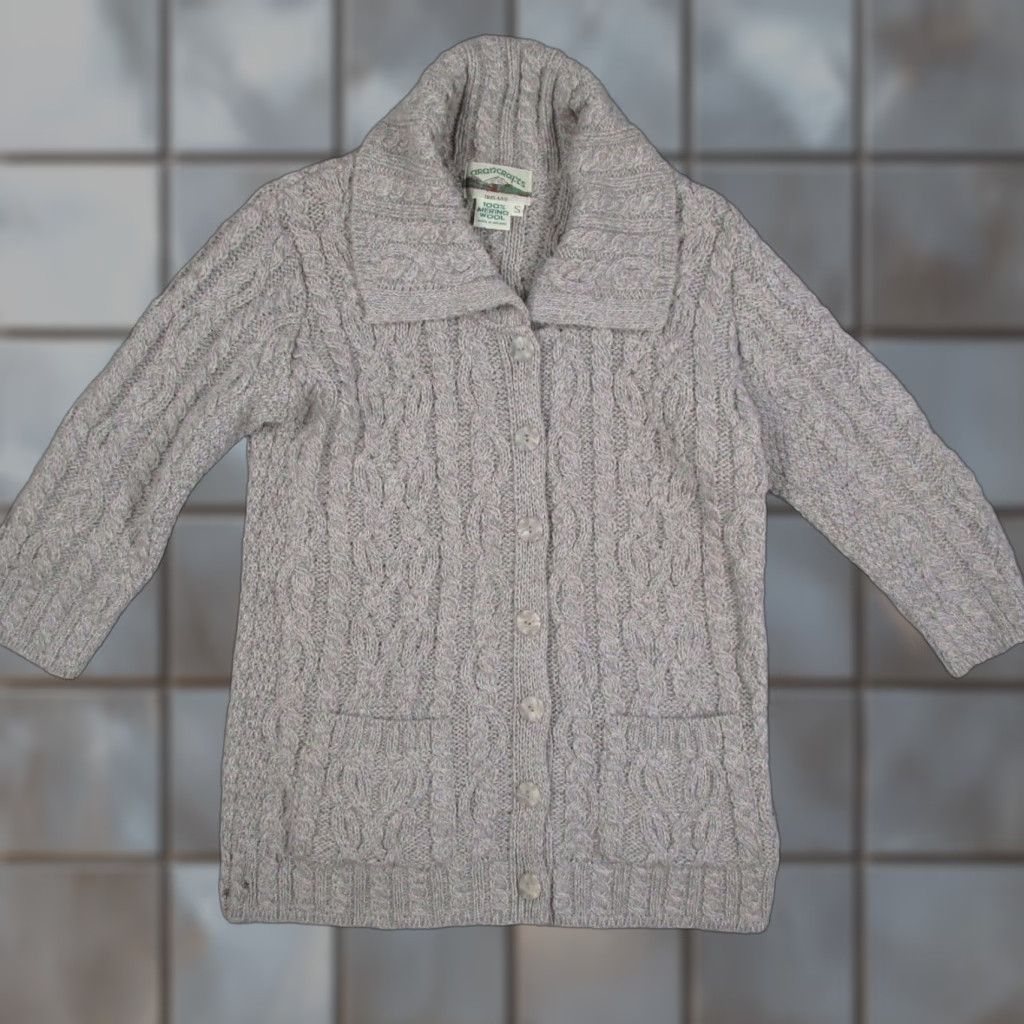 Vintage Aran Crafts Cardigan Sweater Gray Wool Cable-Knit Shawl Collar Ireland S Women Long Sleeve Buttoned Pockets All Seasons Vintage: No Size S / US 4 / IT 40 - 1 Thumbnail