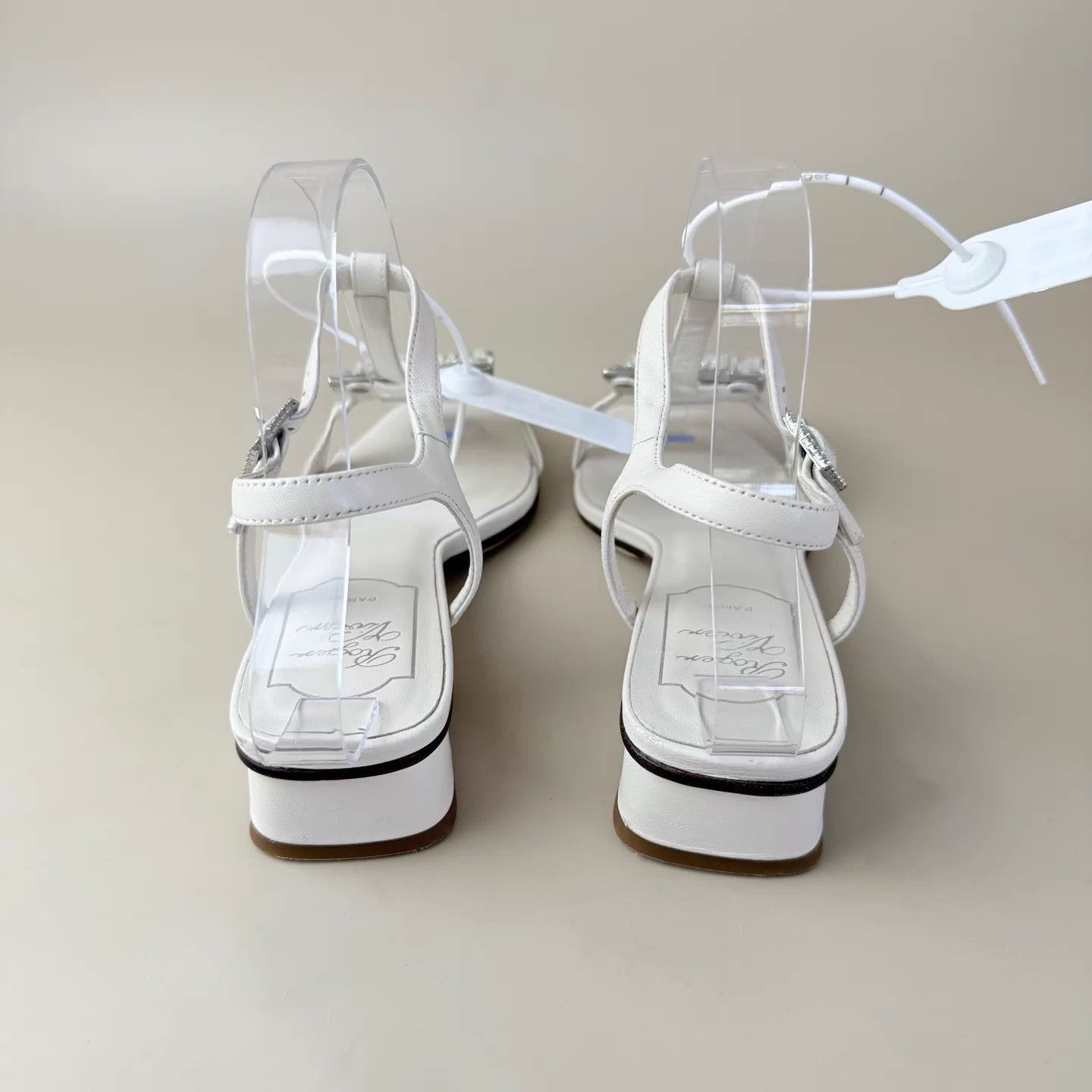 Roger Vivier RV Women's Ivory Rhinestone Square Buckle Sandals 37 Size US 6.5 / IT 36.5 - 3 Thumbnail
