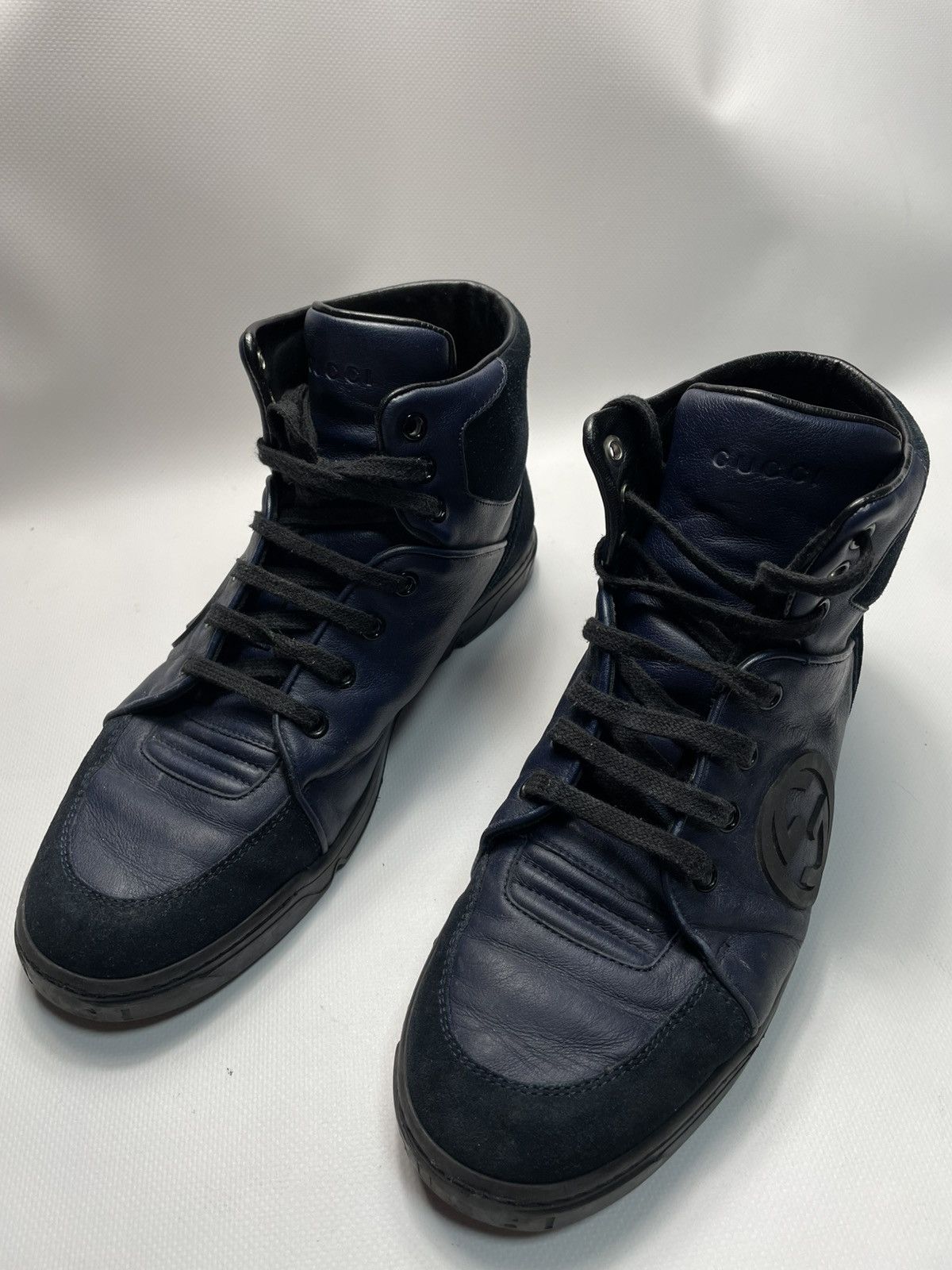 Gucci Gucci Navy Blue Leather Suede Interlocking High-Top Sneakers Size US 9 / EU 42 - 1 Thumbnail