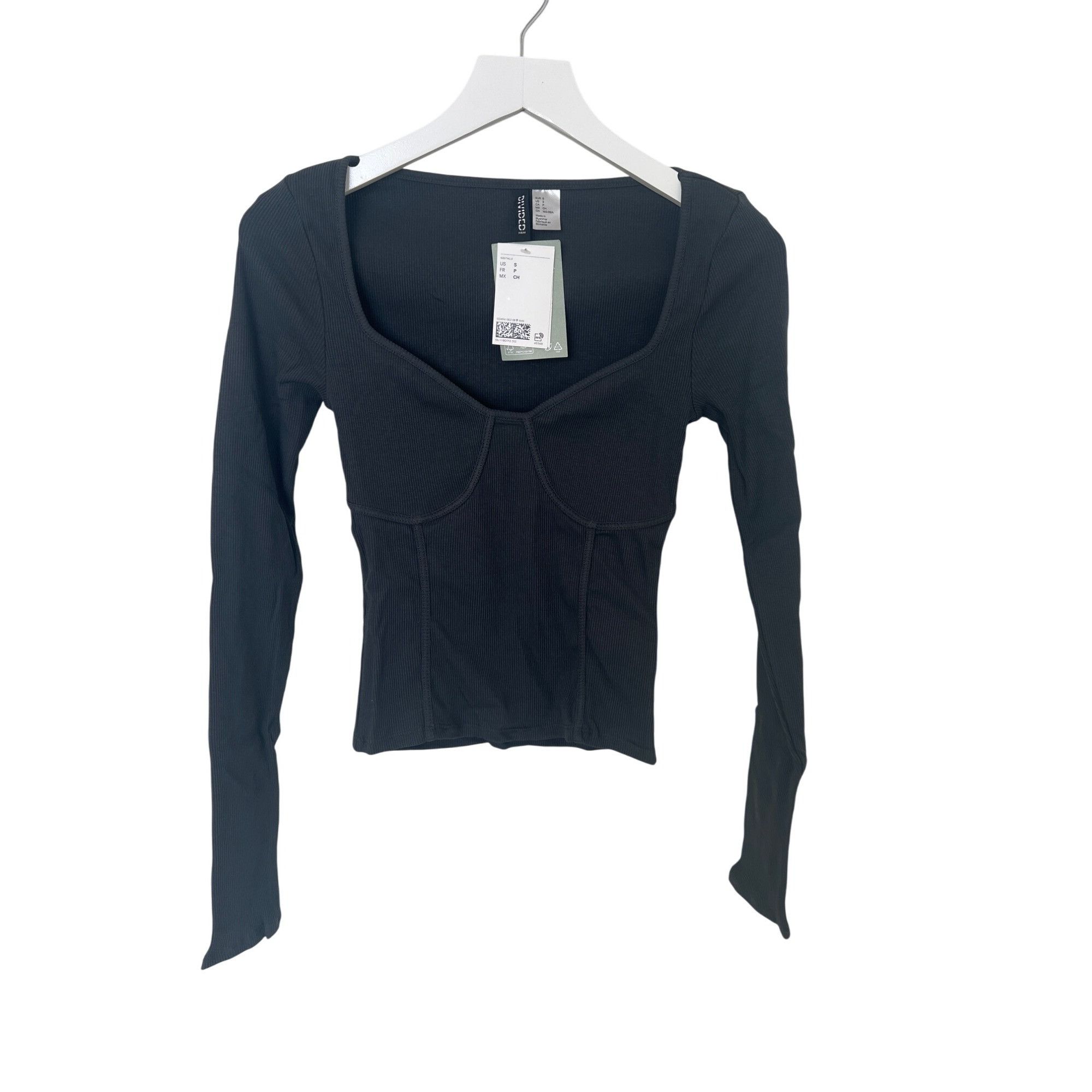 H&M H&M Dark Gray Corset Style Ribbed Long Sleeve Top Size S / US 4 / IT 40 - 5 Thumbnail