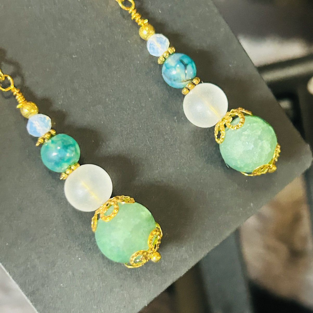 Handmade Handcrafted green crackle glass dragon vein agate earrings Size ONE SIZE - 3 Thumbnail