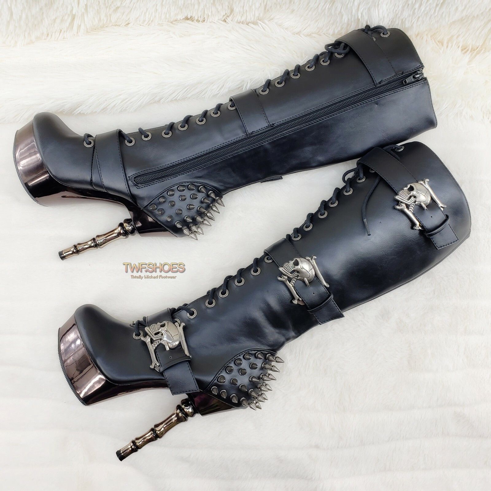 Demonia Cult DEMONIA Muerto Chrome Bone High Heel Spiked Skull Buckle Lac Size US 9 / IT 39 - 1 Thumbnail
