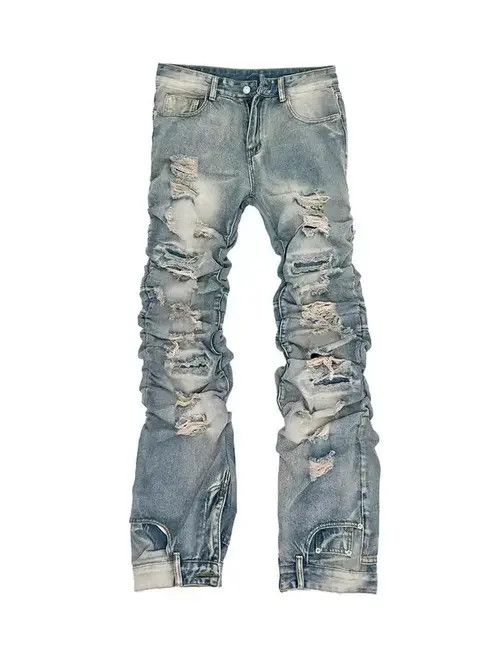 Jean Vintage washed blue ripped pleated street hip hop jeans Size US 32 / EU 48 - 1 Thumbnail