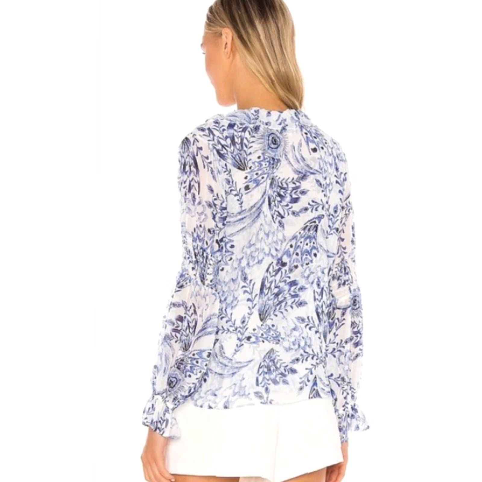 Vintage MISA Shirt Womens Small White Blue Floral Long Sleeve Frances Top V-Neck Pullover Ruffle Blouse Casual Womens Size S / US 4 / IT 40 - 2 Thumbnail