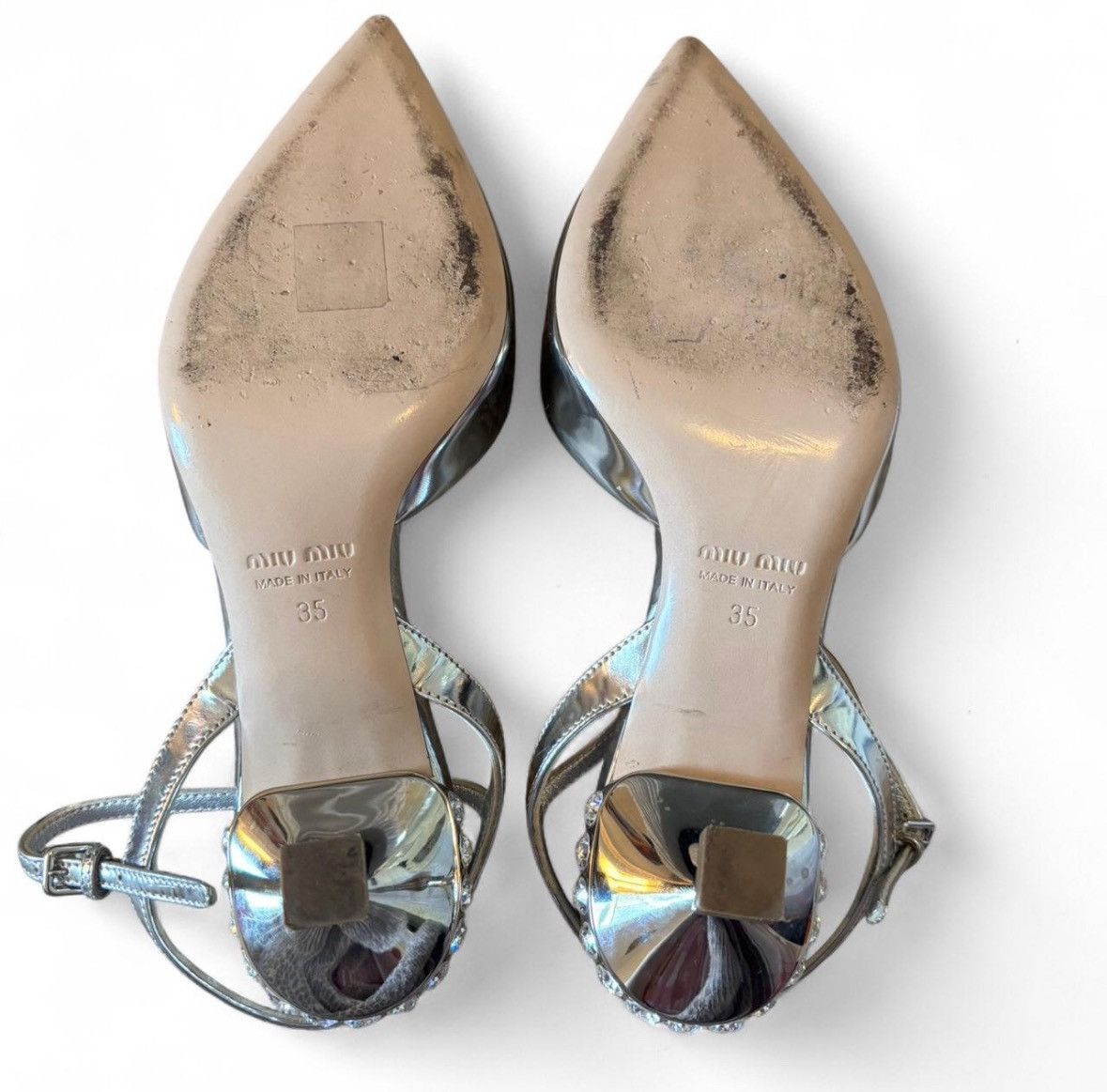 Miu Miu Miu Miu Silver Patent Leather Pointed Toe Slingback Heels Size US 5 / IT 35 - 3 Thumbnail