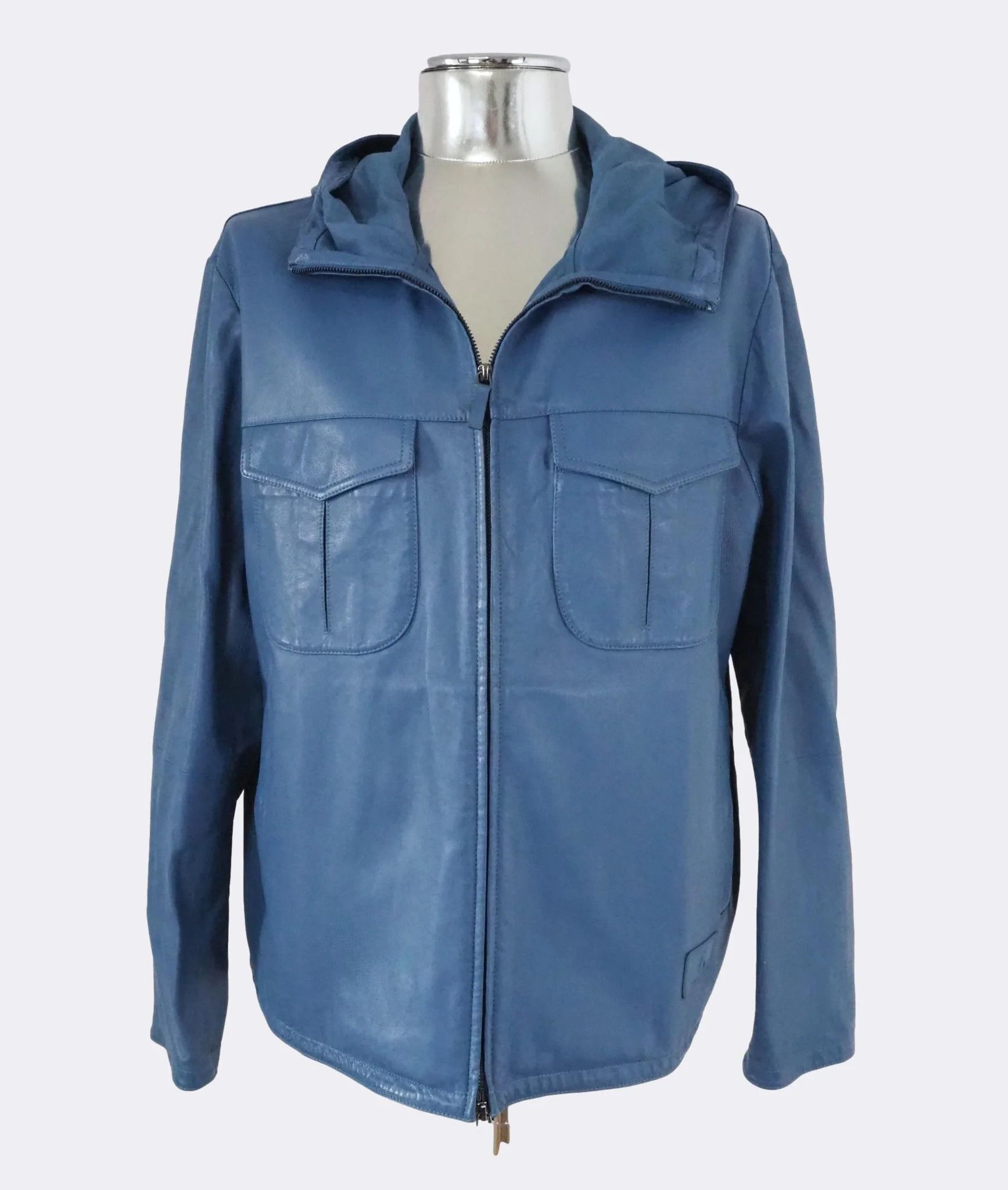 Emporio Armani Light Blue Hooded Zip-Front Leather Jacket $1175 Size US L / EU 52-54 / 3 - 5 Thumbnail