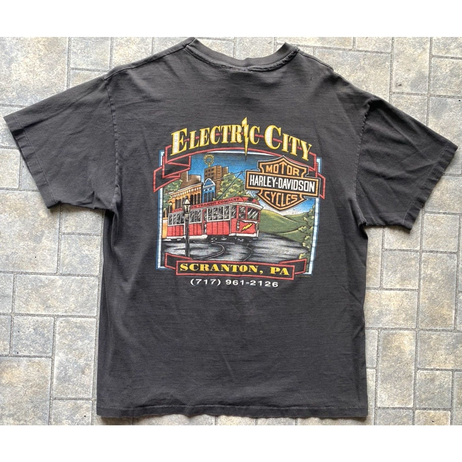 Harley Davidson VINTAGE Harley-Davidson Shirt Men’s L Black Short Sleeve T-Shirt Electric City Scranton Eagle 90s Motorcyclist Mens Size US L / EU 52-54 / 3 - 6 Thumbnail