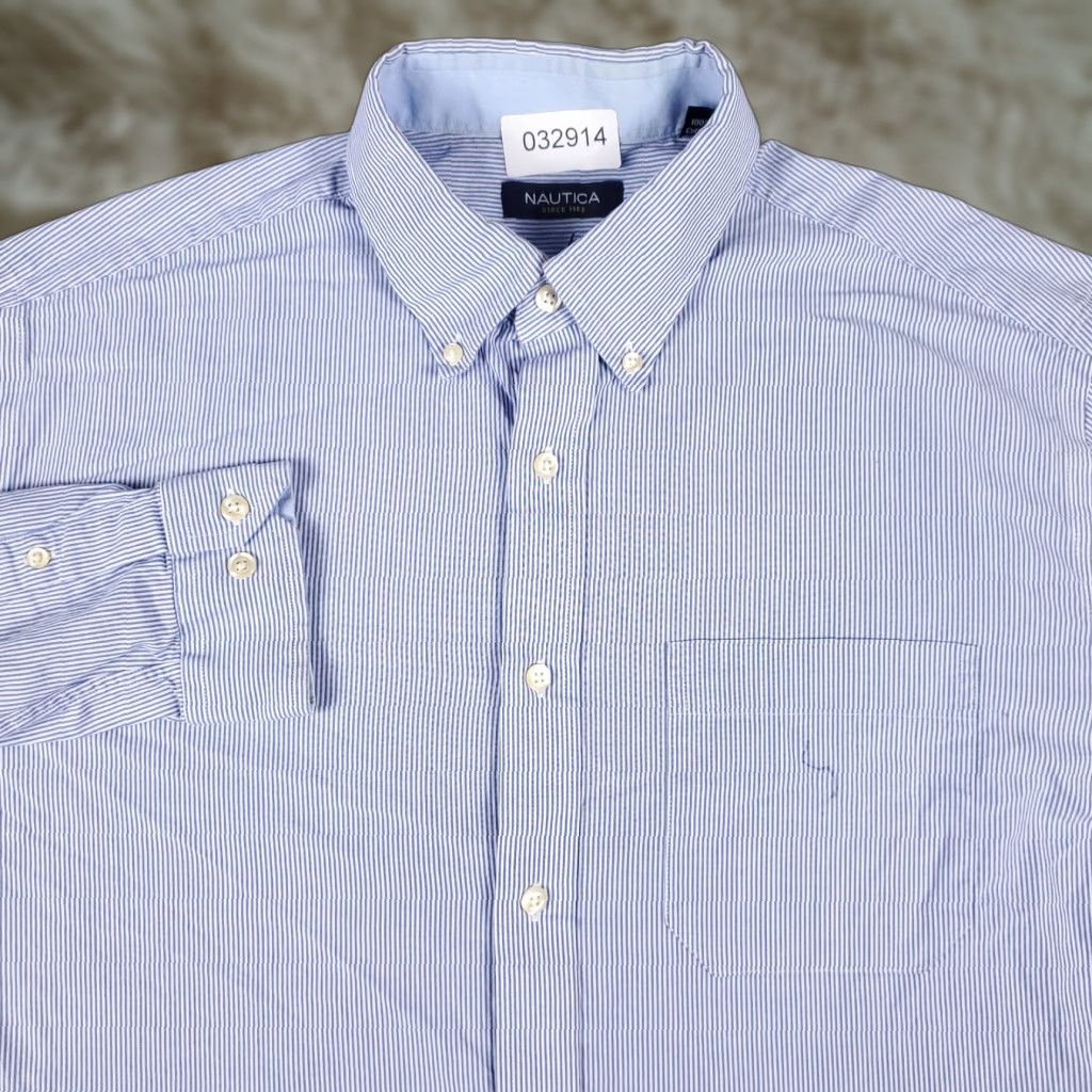 Nautica Nautica Dress Shirt Mens 16.5 Blue Striped Button Up Long Sleeve, Business Casual, 100% Cotton, Classic Preppy, Mens Size 42R - 1 Thumbnail