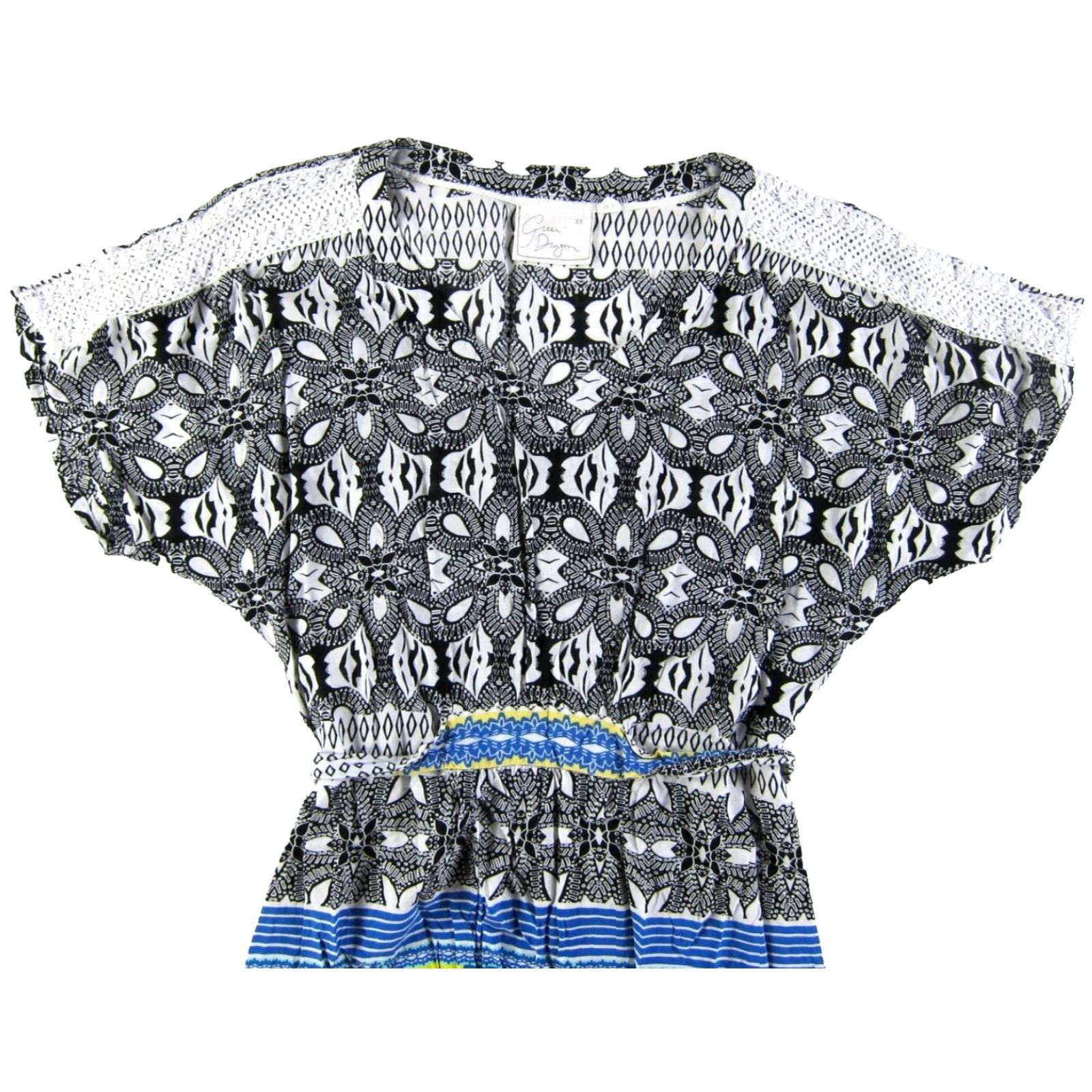 Vintage Green Dragon Rayon Black White Blue Yellow Paisley Floral V-Neck Sheath Dress XS Size XS / US 0-2 / IT 36-38 - 4 Thumbnail