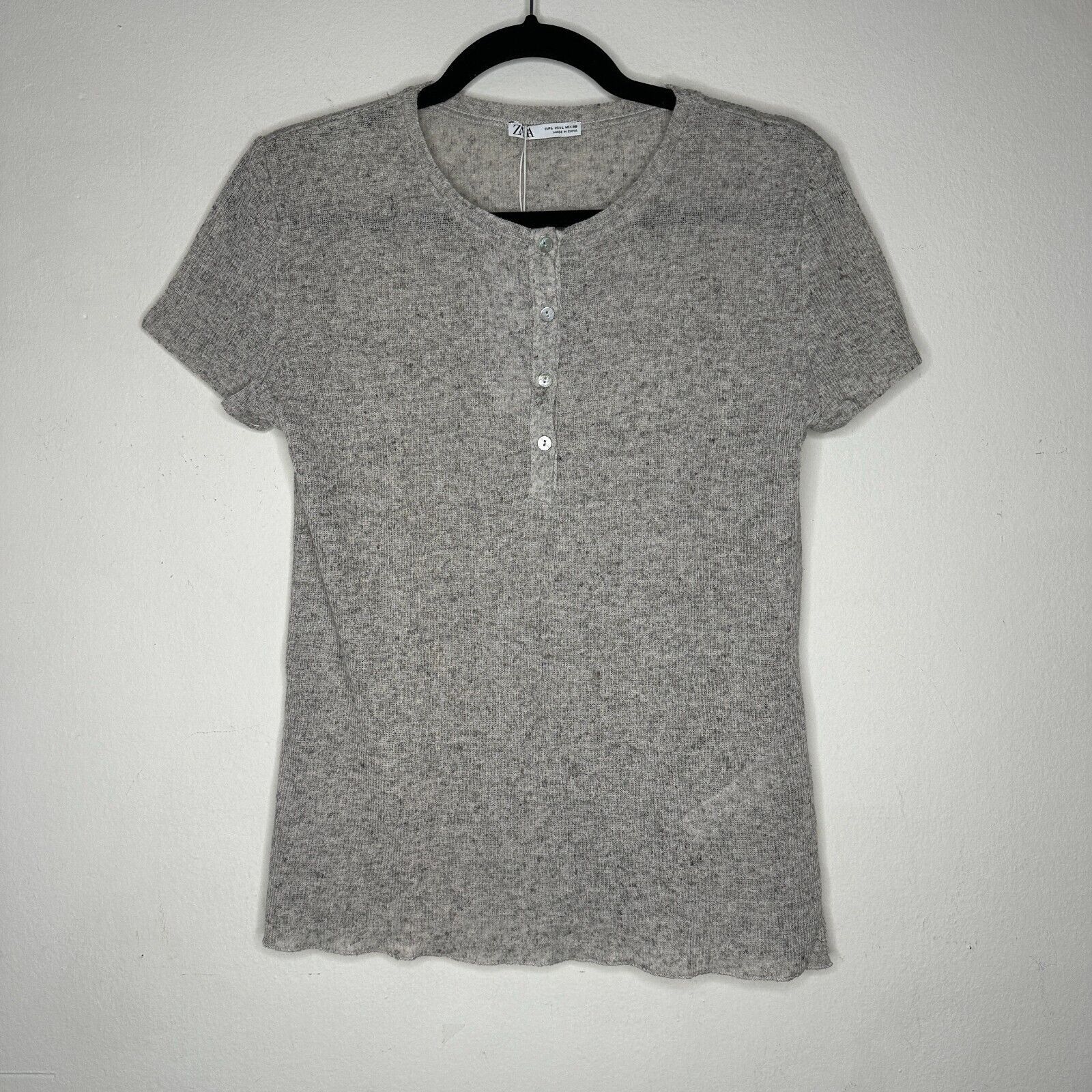 Zara NWT Zara Heathered Gray Short Sleeve Henley Shirt Top L Size L / US 10 / IT 46 - 3 Thumbnail