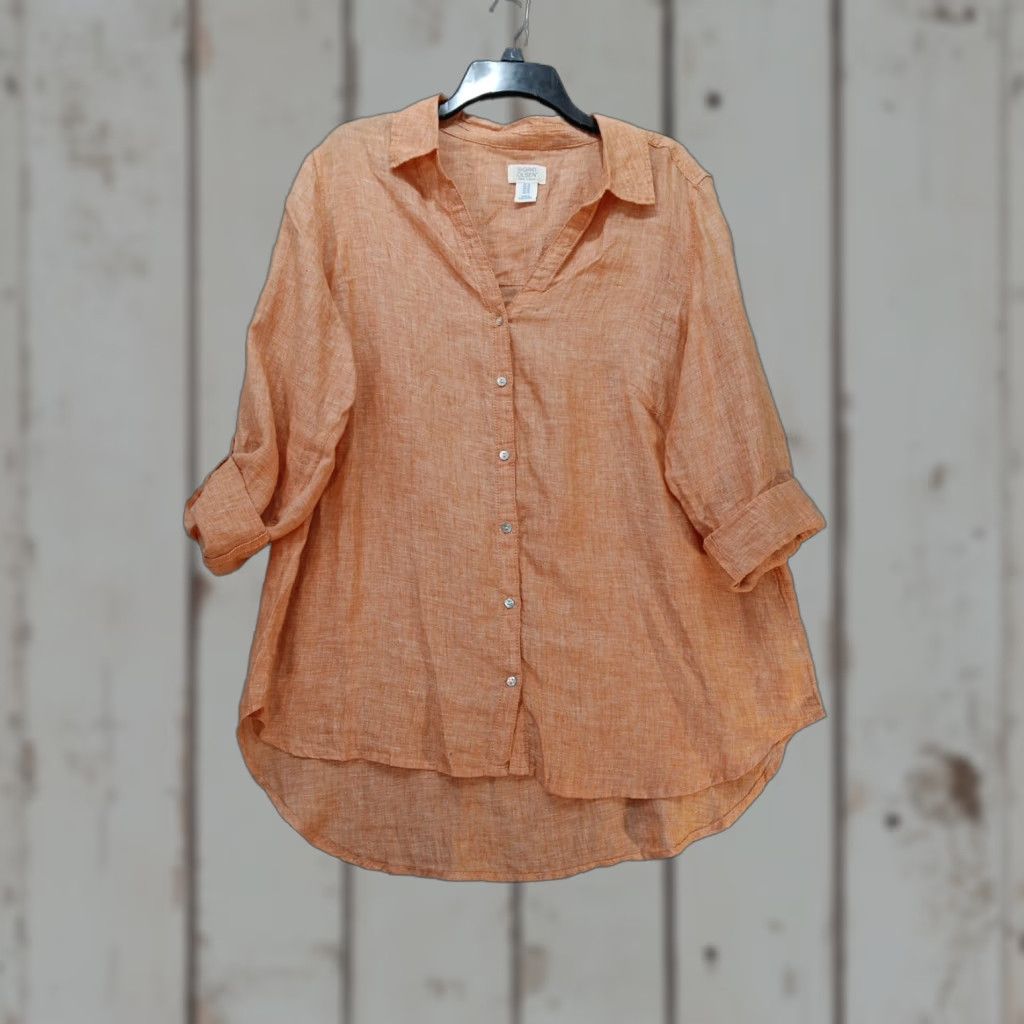 Vintage Sigrid Olsen Blouse Shirt 1X Orange Coral Button Up Linen Roll-Tab Sleeves Womens Regular Casual Travel Knit? Size XL / US 12-14 / IT 48-50 - 1 Thumbnail