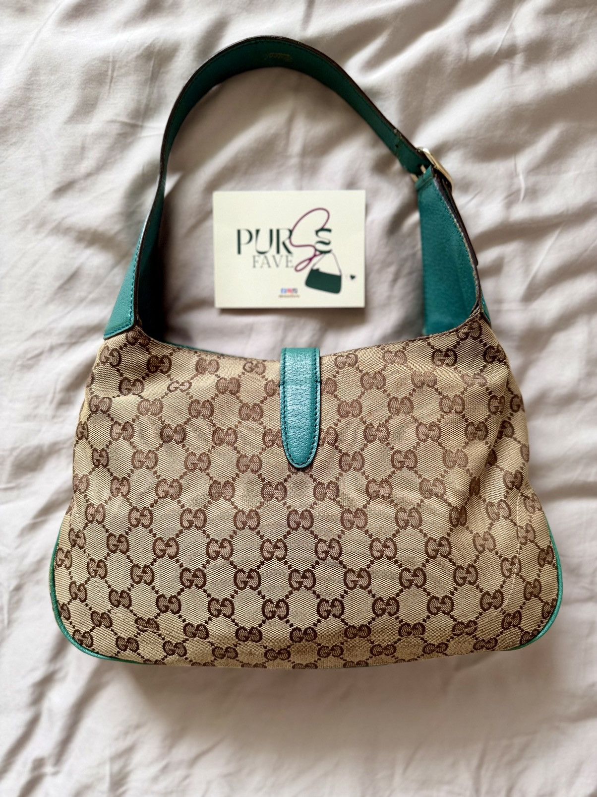 Gucci Authentic GUCCI Jackie 1961 Beige Canvas x Teal Hobo Bag Size ONE SIZE - 5 Thumbnail