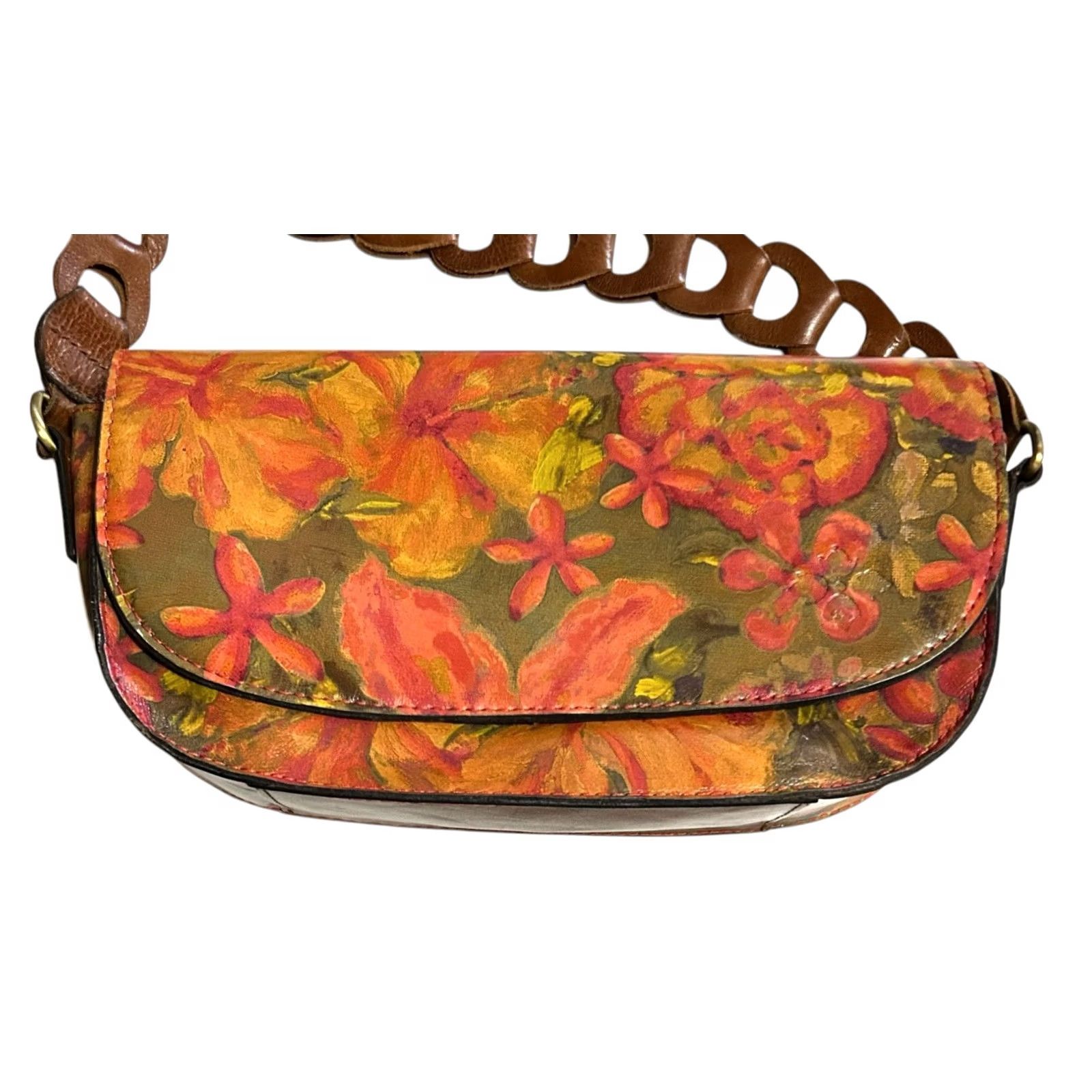 Patricia Nash Patricia Nash Vilette Leather Chain-Link Crossbody Purse Bag Floral Oil Painting Handbag Womens Small Multicolor Leather Crossbody Bag Size ONE SIZE - 2 Thumbnail