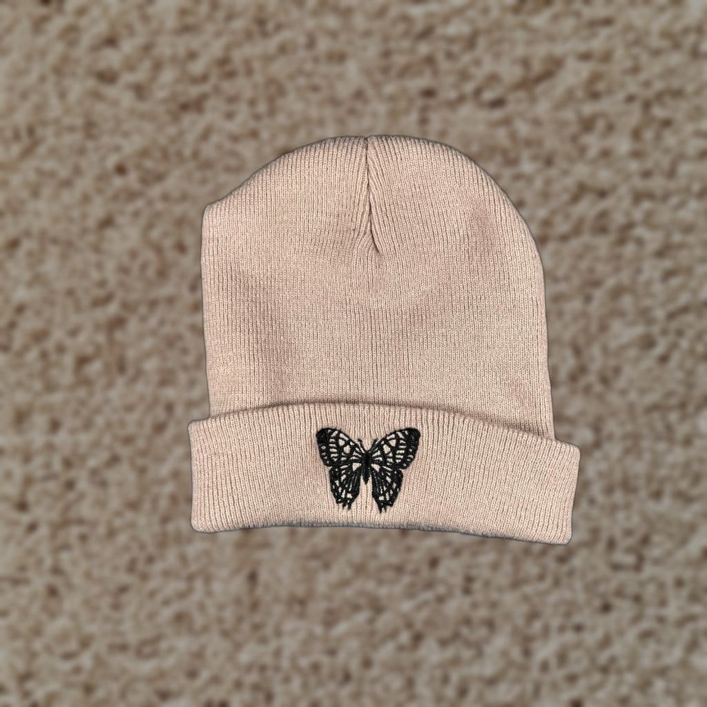 Vintage Beige Knit Beanie Women's One Size Lightweight Embroidered Outdoor Ski Hat Size ONE SIZE - 1 Thumbnail
