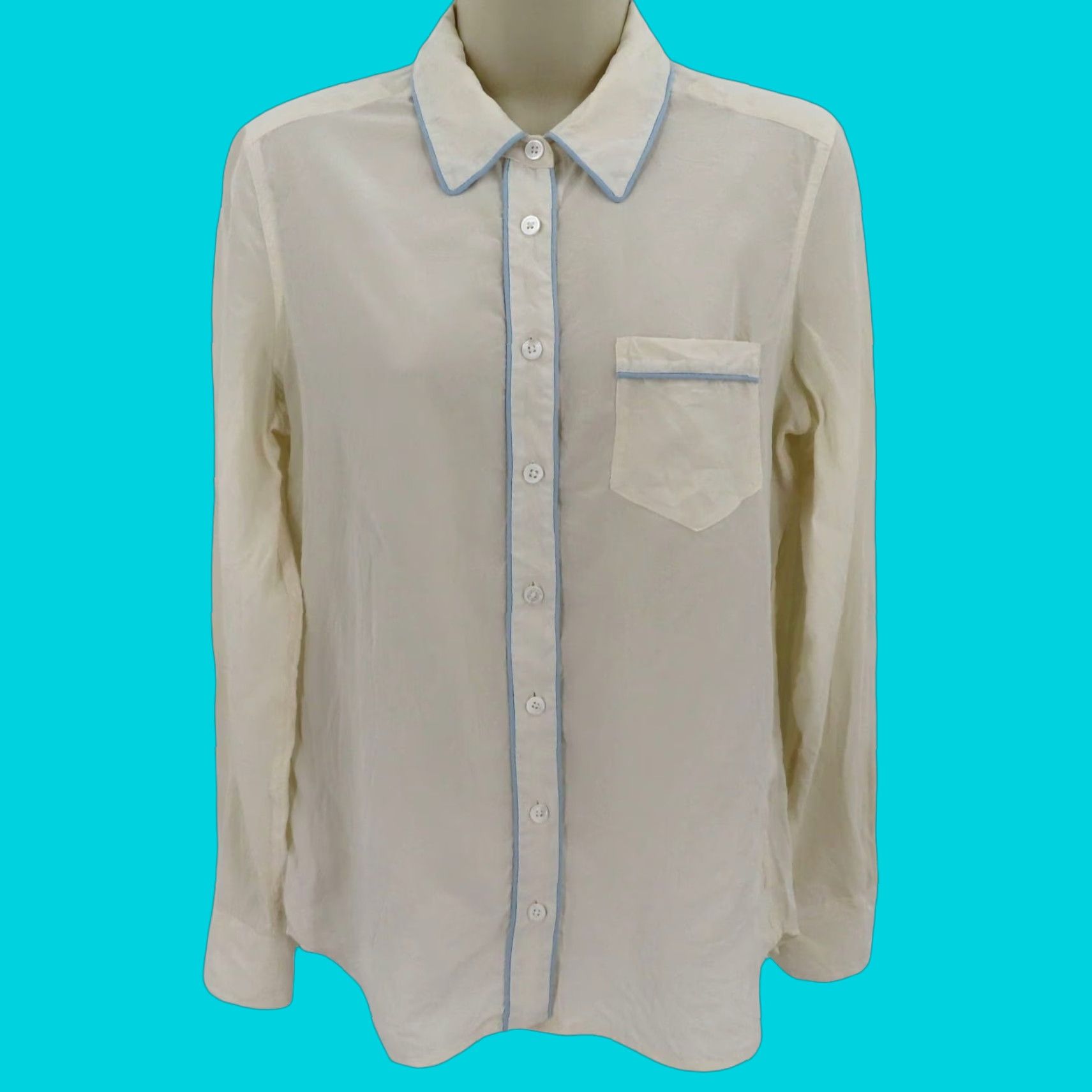 Equipment Equipment Shirt Womens Small Ivory Blue Trim Collared Button Front Silk Blouse Top Casual Size S / US 4 / IT 40 - 1 Thumbnail