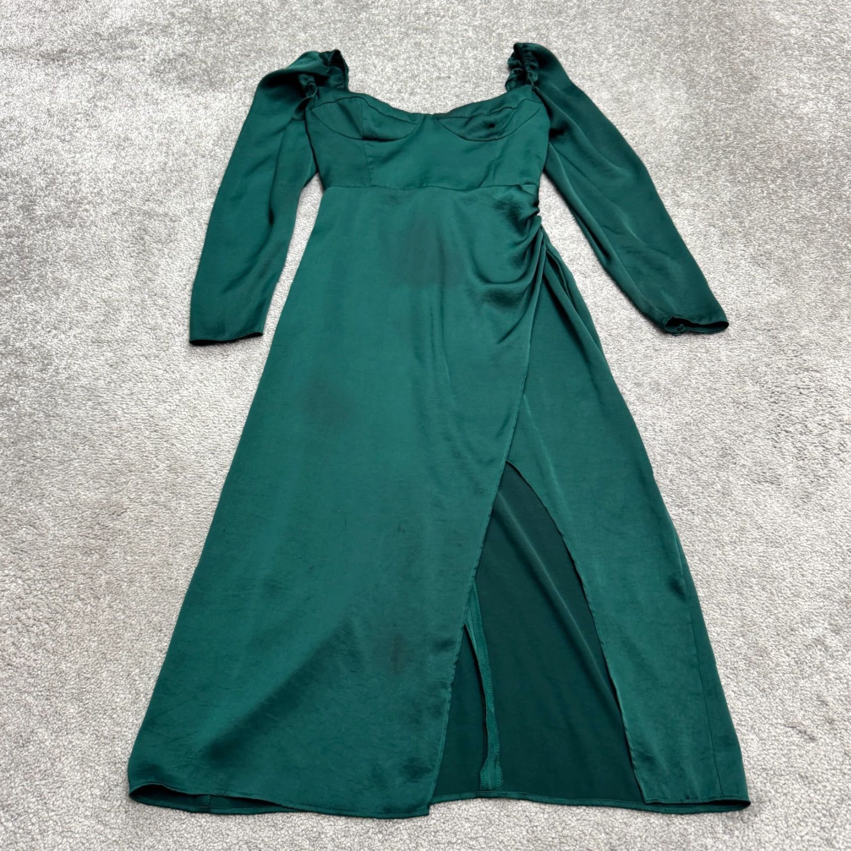 Vintage VINTAGE Wilfred Aritzia Masquerade Satin Midi Dress Womens 2  Emerald Green Puff Sleeve | Grailed