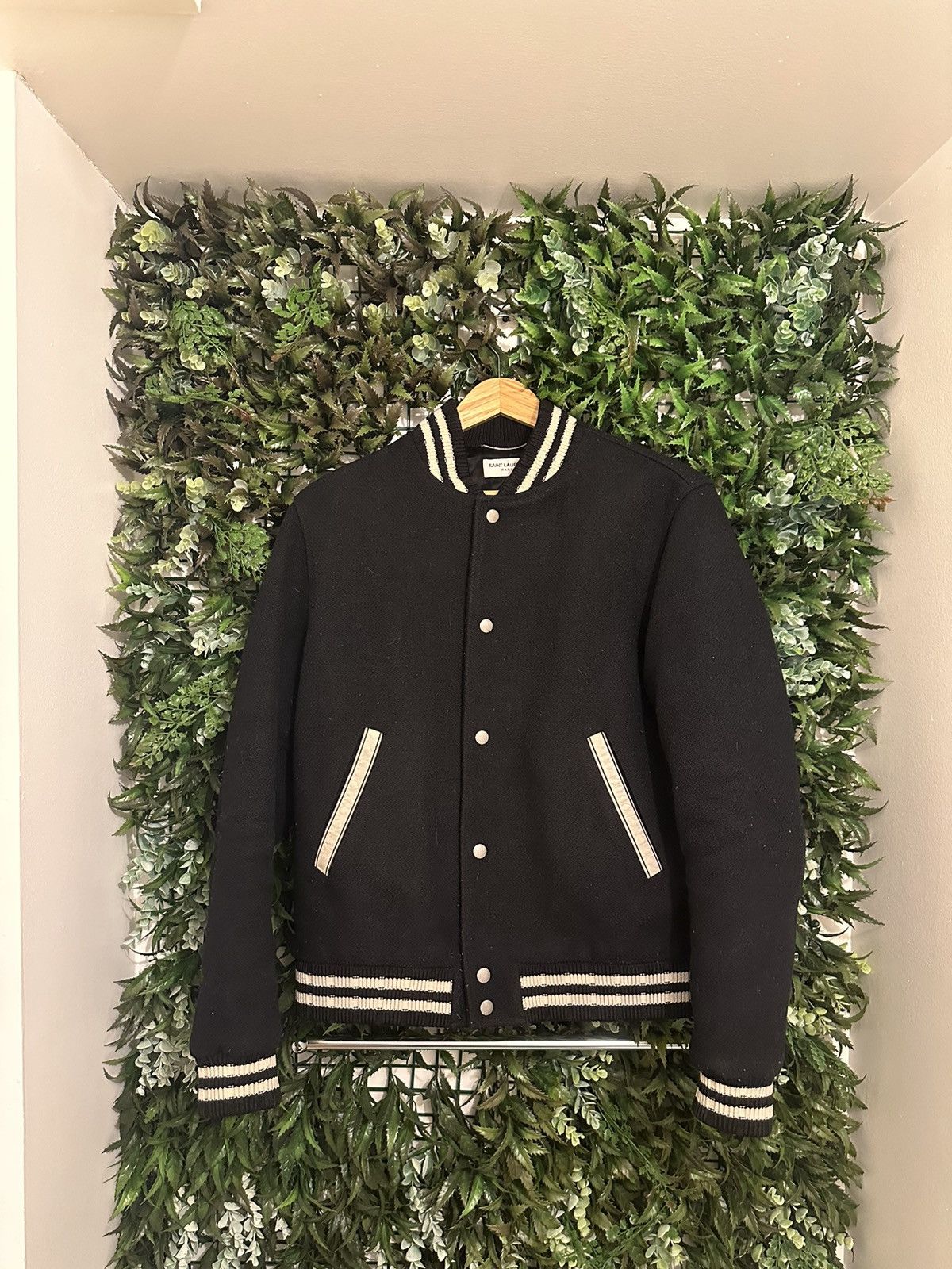 image of YVES Saint Laurent Teddy Wool Bomber Jacket in Black, Men's (Size Medium)