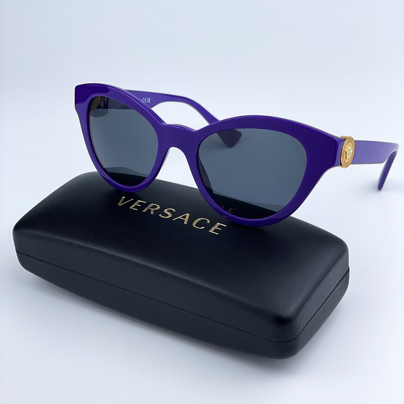image of New Versace Ve4435 538787 Cat Eye Women Sunglasses in True Purple Violet/Dark Grey