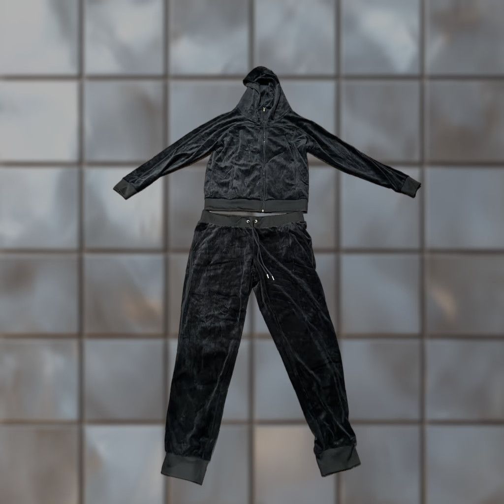 VINTAGE Juicy Couture Tracksuit Jacket Pants Set Large L Black Women Pockets Velour 2000s Y2K