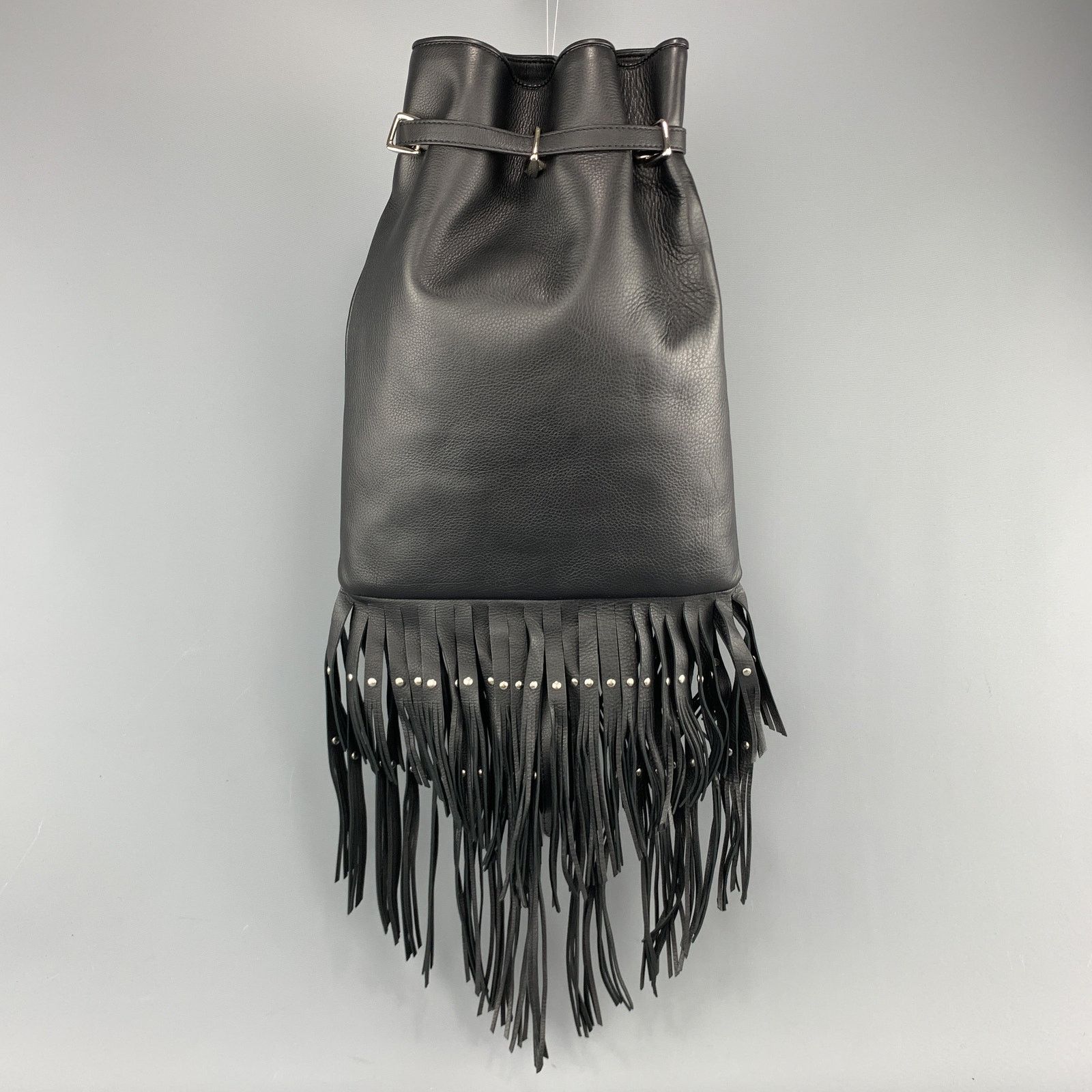 Roberto Cavalli ROBERTO CAVALLI Black Leather Studded Fring Bucket Backpack Size ONE SIZE - 1 Thumbnail