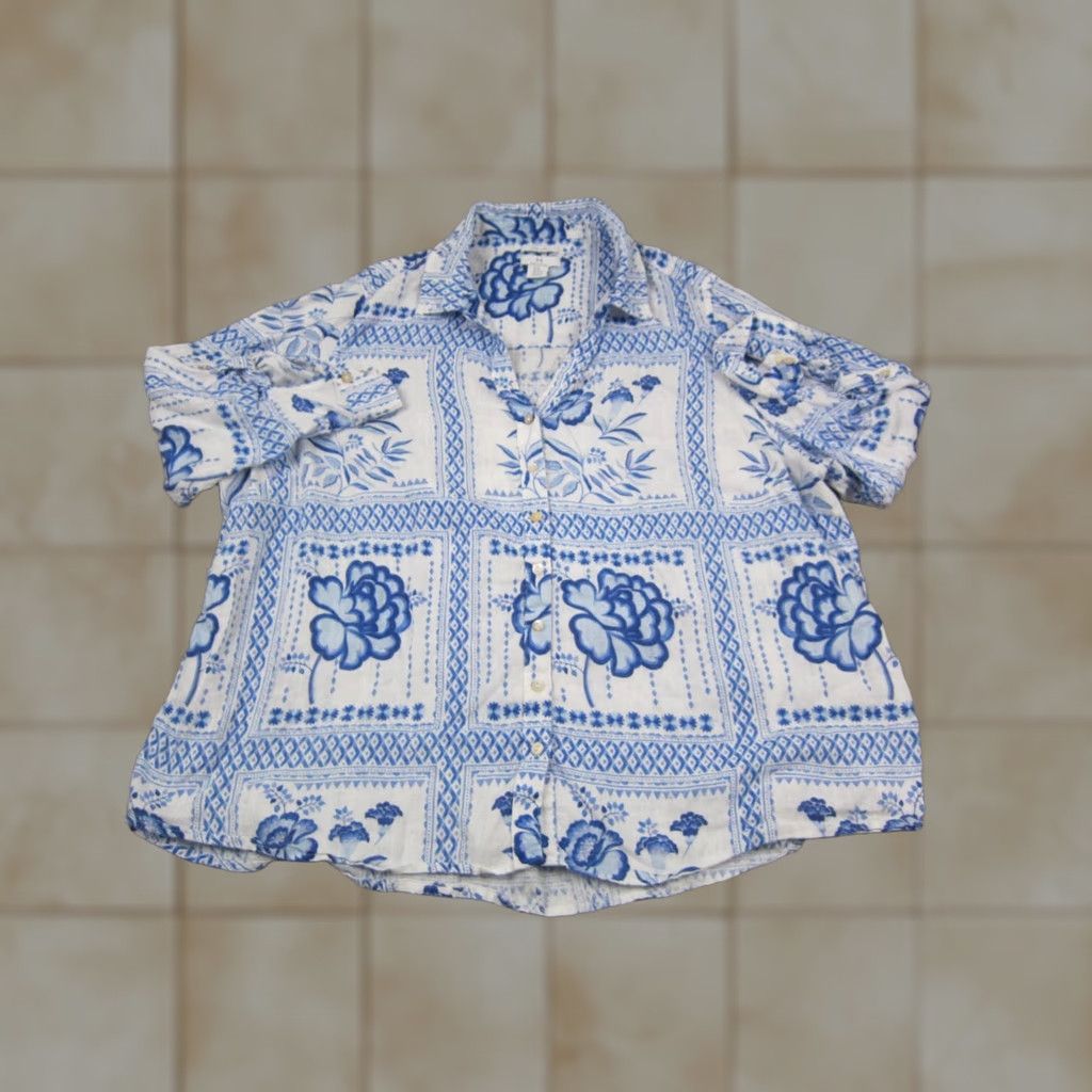 Halston Halston Shirt Womens 3X Blue White 100% Linen Floral Leisure Ladies Summer Size XXL / US 16-18 / IT 52-54 - 1 Thumbnail