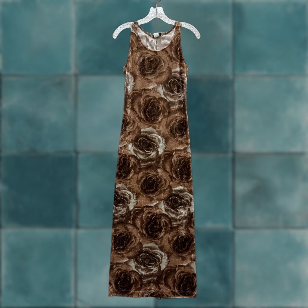 Vintage VINTAGE 90s Y2K Natini Maxi Dress Velvet Brown Rose Floral Grunge S Small Womens Size S / US 4 / IT 40 - 1 Thumbnail