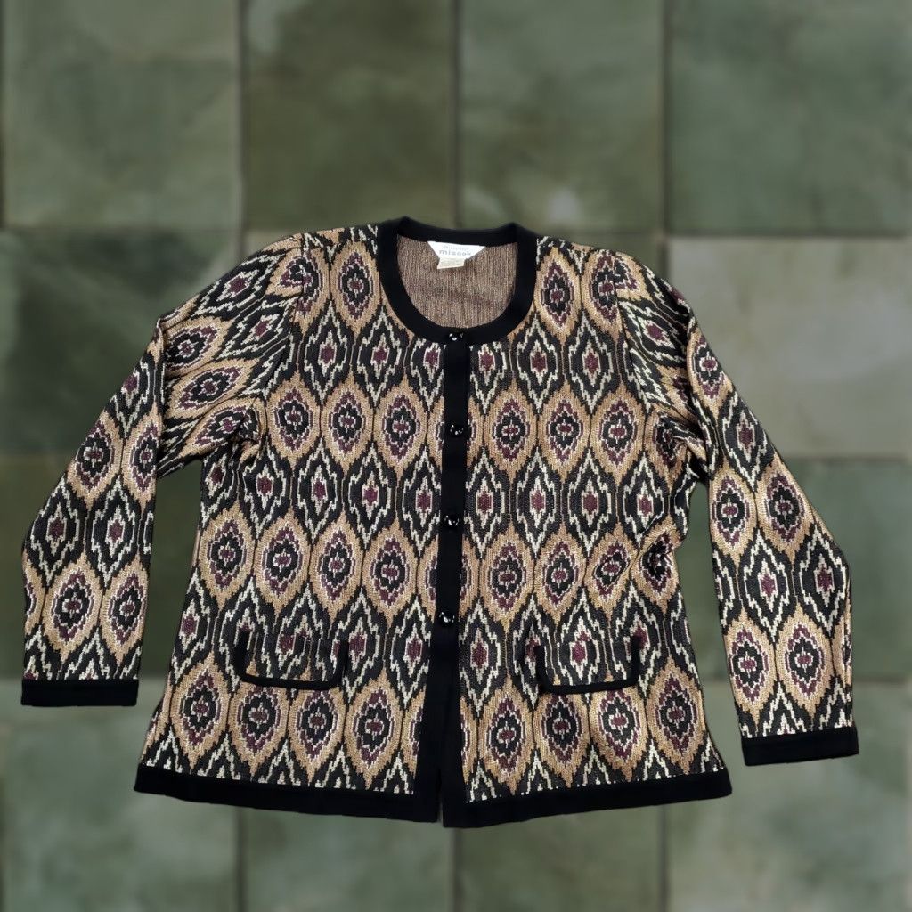 Vintage Misook Cardigan Womens Adult XL Black Gold Metallic Ikat Pockets Knit Size XL / US 12-14 / IT 48-50 - 1 Thumbnail